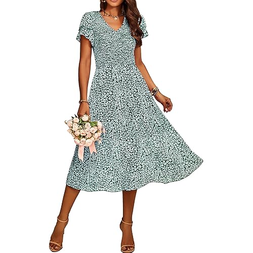 BTFBM Women Casual Summer Short Ruffles Tiered Sleeve Smocked Midi Dresses Bohemian Floral V Neck Wedding Guest Long Dresses