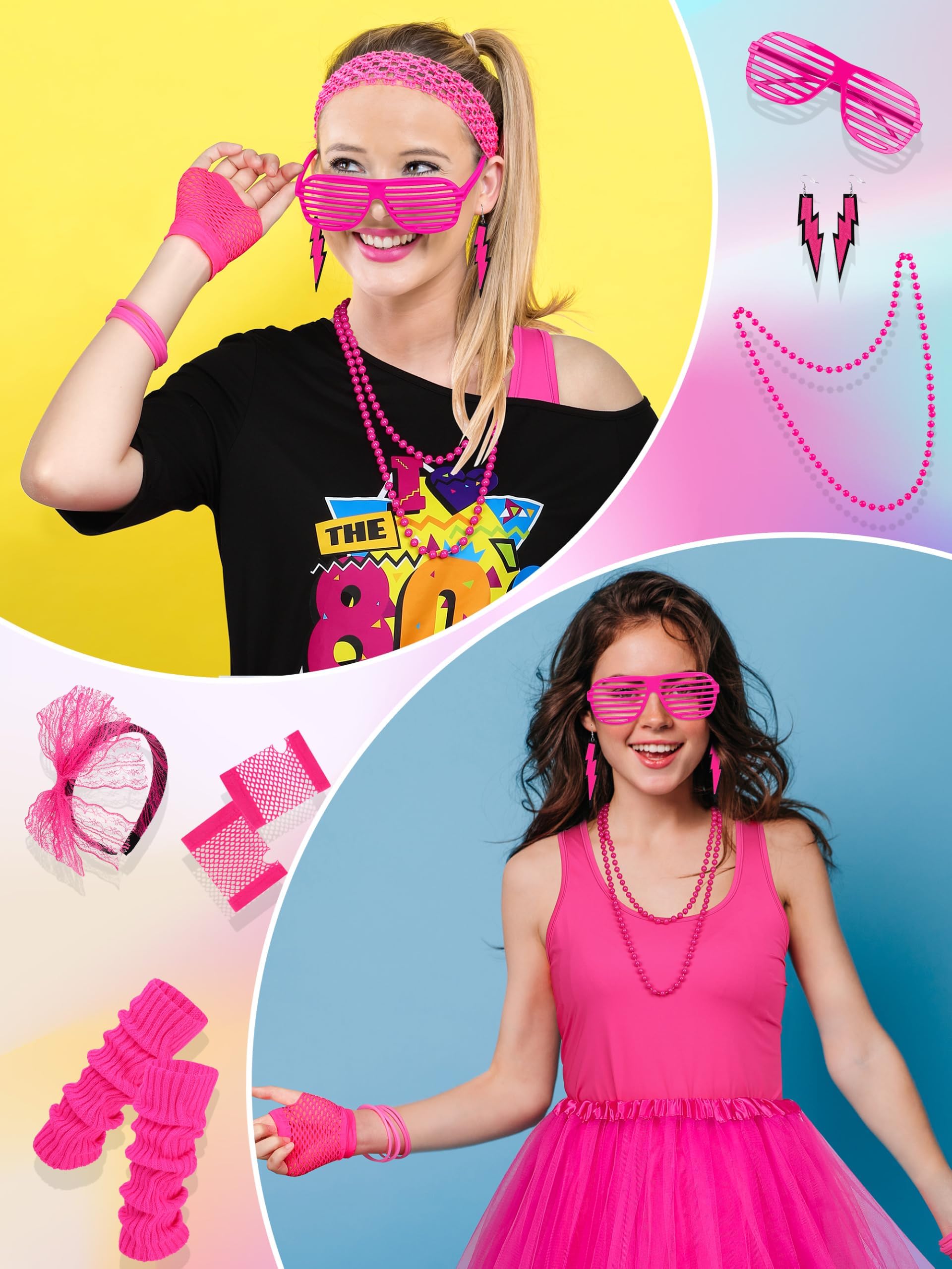 AOTHSO 24 Stücke Halloween Frauen 80er Jahre Kostümzubehör Set 80er Jahre Cosplay T-Shirt Tutu Hose Racerback Top Fanny Pack Handschuhe Beinwärmer für Party
