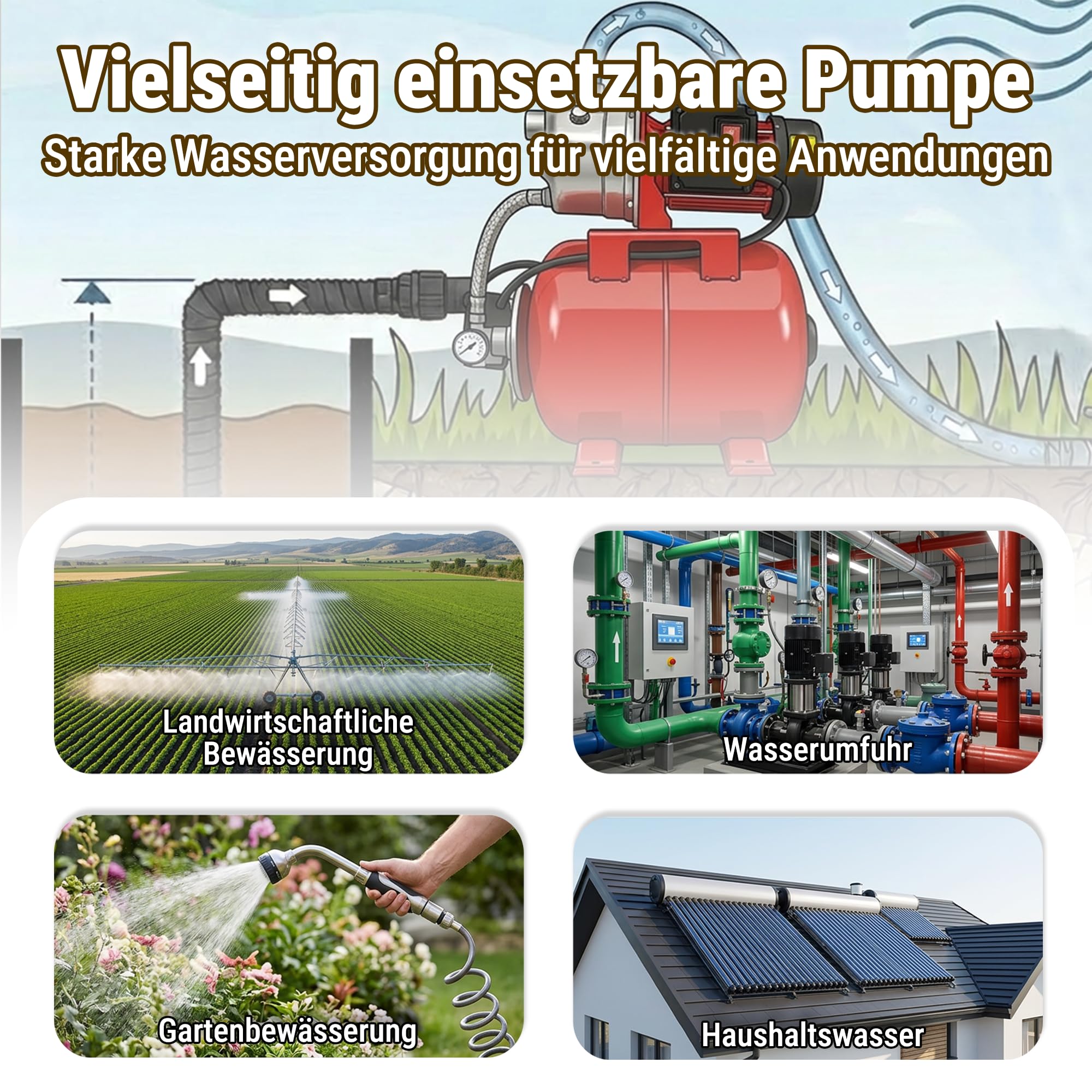 HoldwellS 1200W Flachbrunnen-Jetpumpe mit 19L Druckkessel, 5000 L/h, 49 m Förderhöhe, 9 m Ansaughöhe, Edelstahl & Aluminium, automatischer Druckschalter, IPX4 für Garten, Landwirtschaft & Haushalt