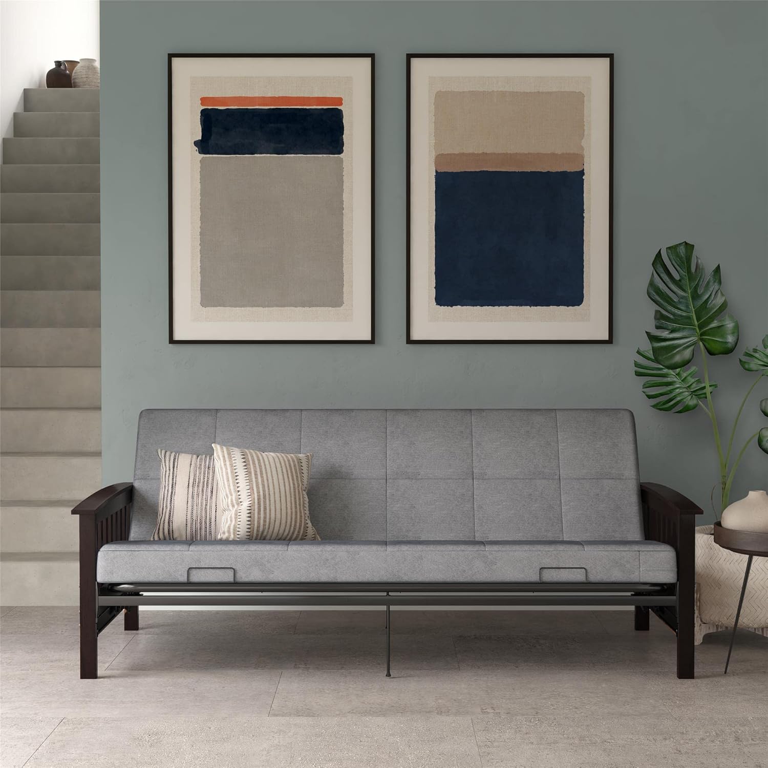 Gray Linen Reclining Futon with Dark Wood Arms and Metal Frame
