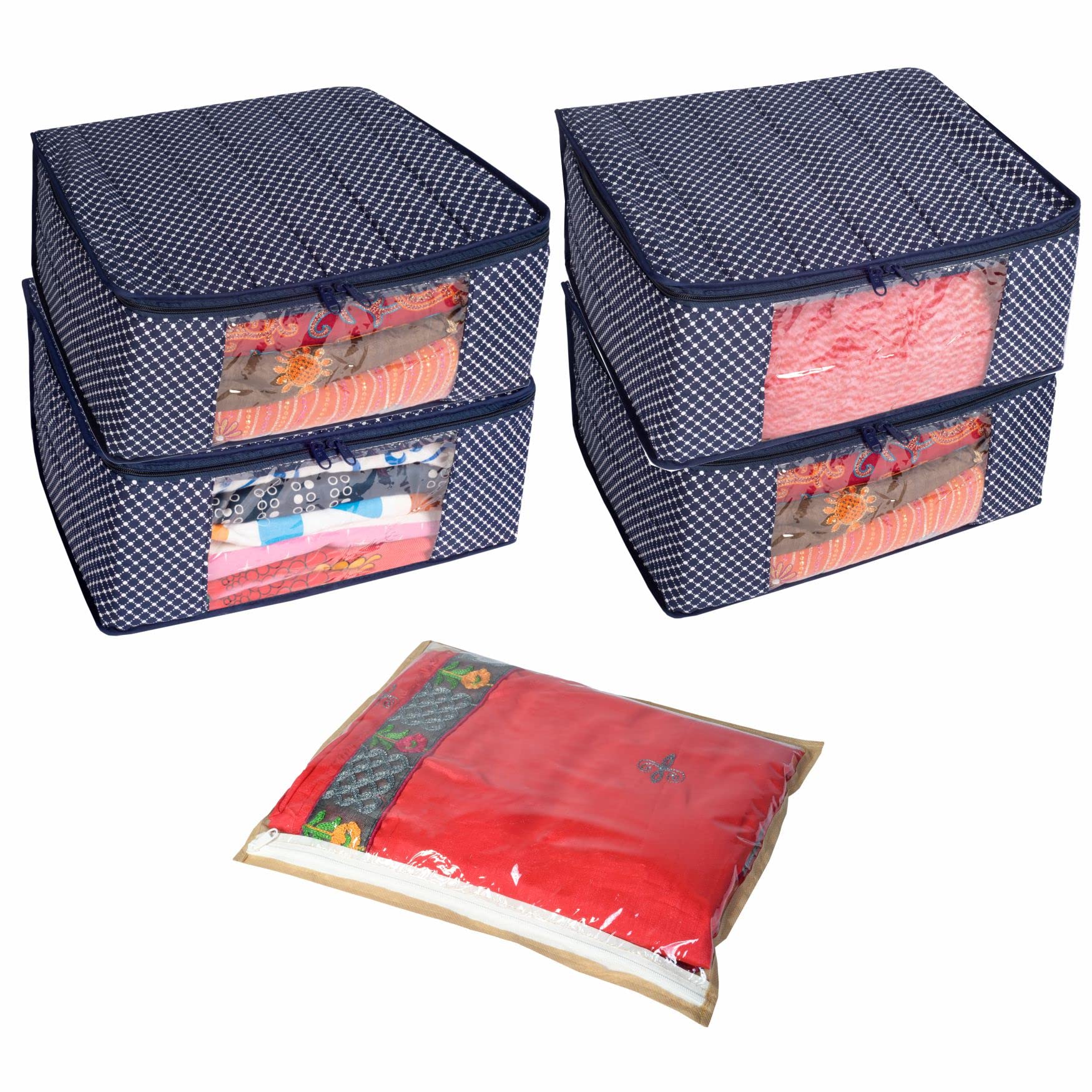 Homestrap Combo of 5 Saree Bag | 4 Cotton Quilted 3 Layered Foldable Saree Covers (Navy Blue) & 1 Single Saree Wardrobe Organizer (Beige) For Lehenga, Suit, Dress,& Accessories