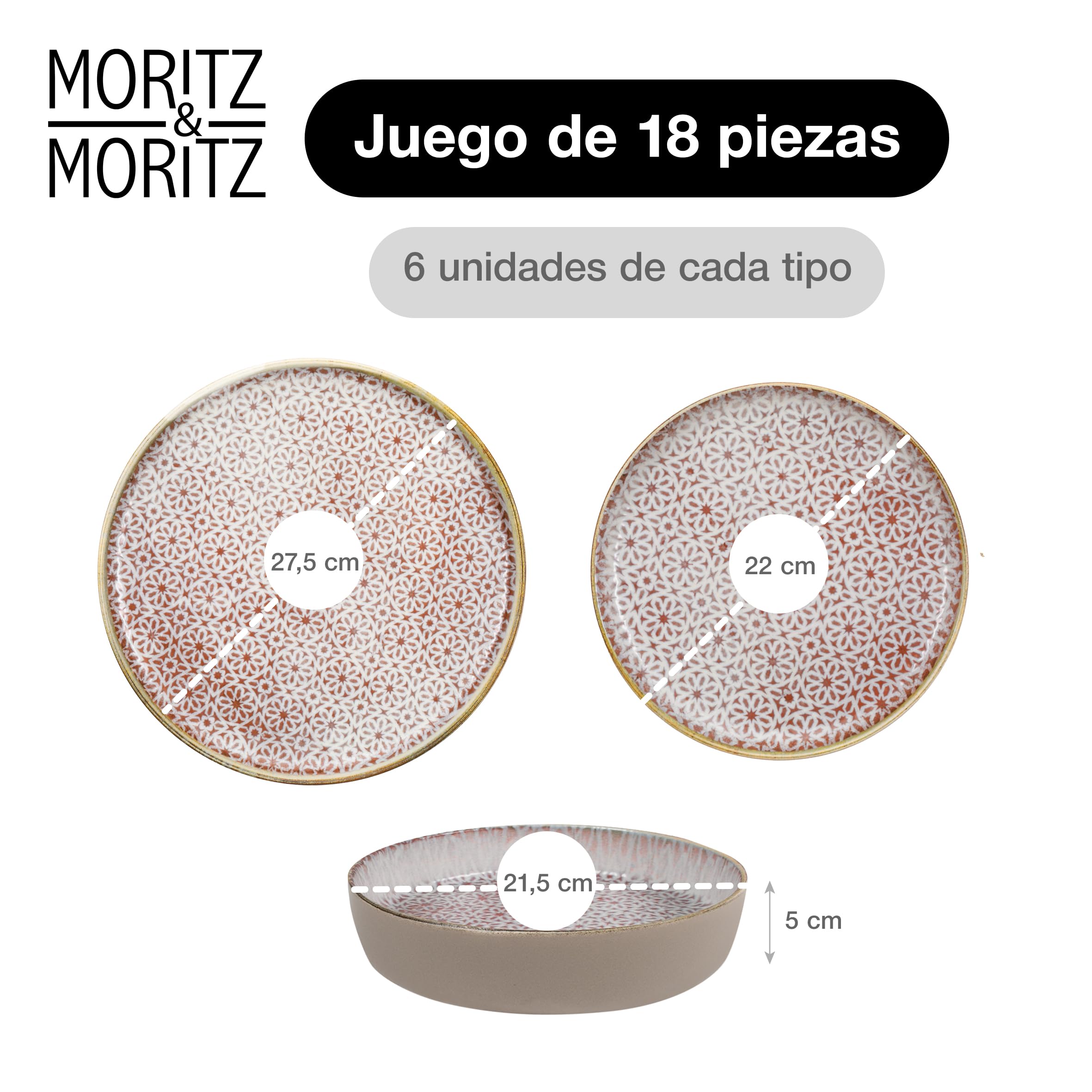 Moritz & Moritz ALHAMBRA - Vajilla para 6 personas, 18 piezas, de porcelana de alta calidad, moderna vajilla en mousse, fácil cuidado, juego de 6 platos llanos, platos de postre y cuencos