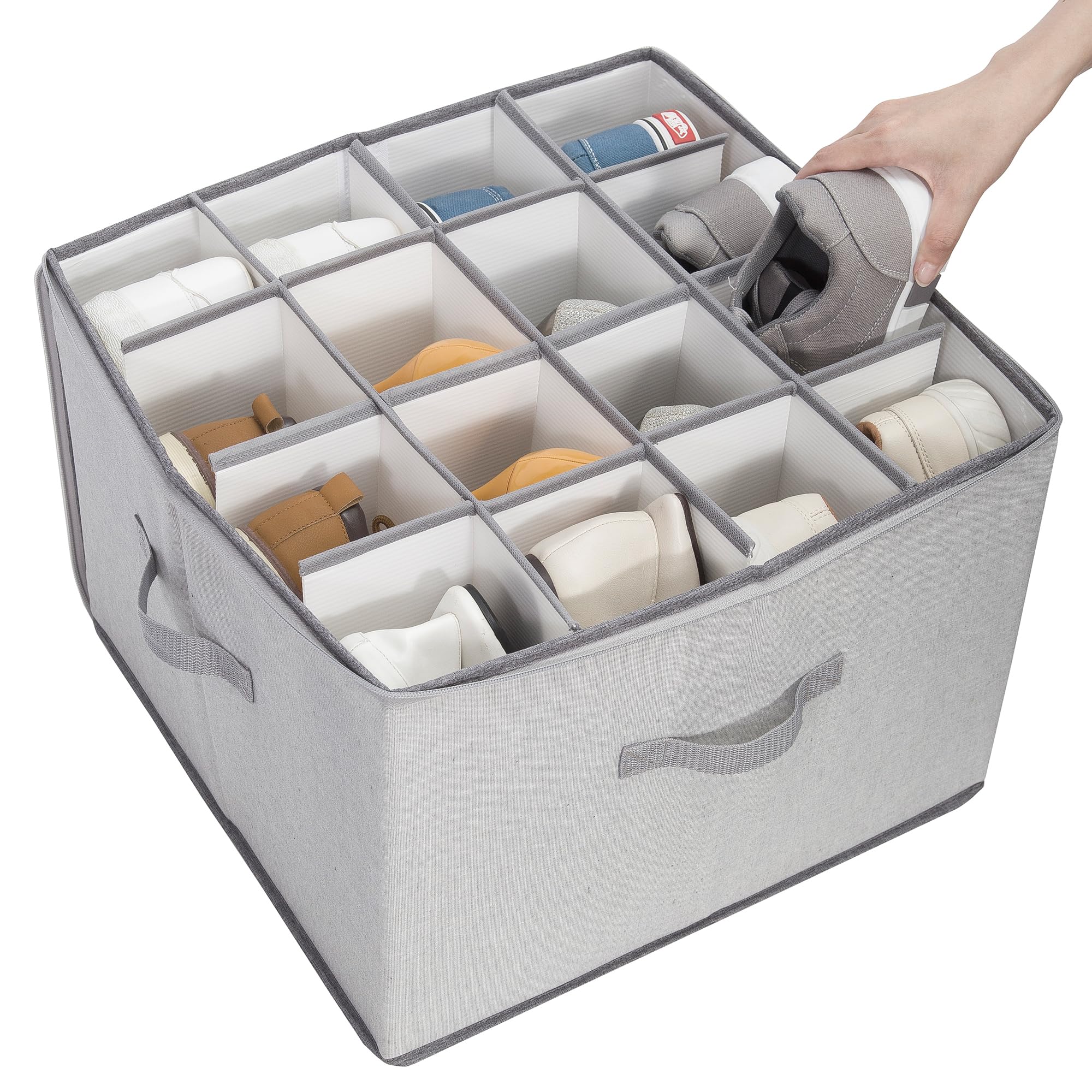 STORAGEIDEAS Shoe Organizer for Closet, Shoe Storage Solution with Clear Cover & Adjustable Dividers, Fabric Shoe Box Fits 16 Pairs Shoes, Grey, 1-Pack