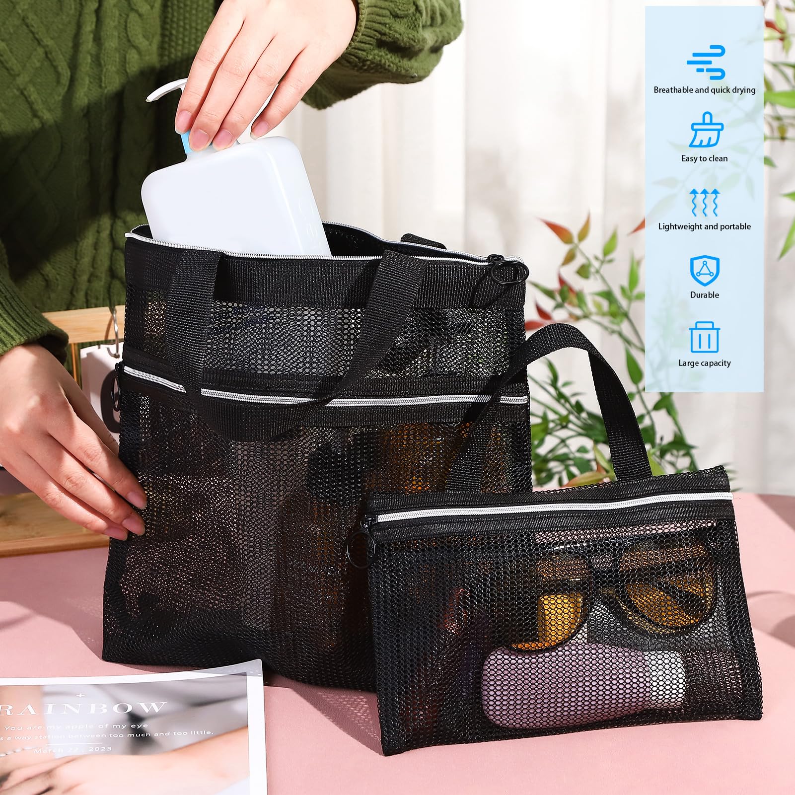 saerryor 2 Pcs Mesh Shower Bags, Quick Dry Portable Tote Bag with Zipper and Pockets - Image 4