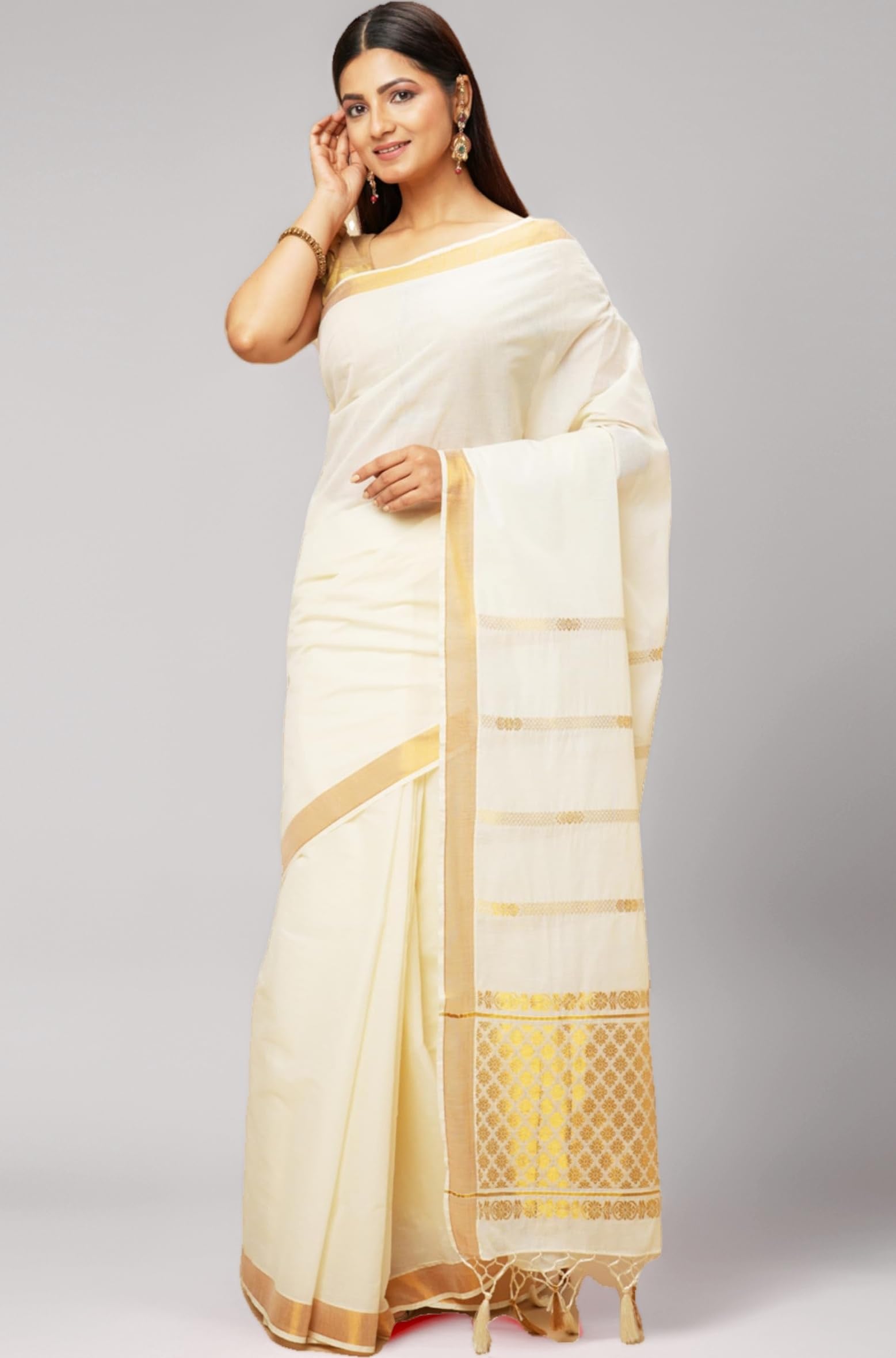 manvish drapes Kerala Kasavu Pure Cotton Saree - Kerala Festive Attire For Women - Perfect For Traditional & Formal Occasions, Cream