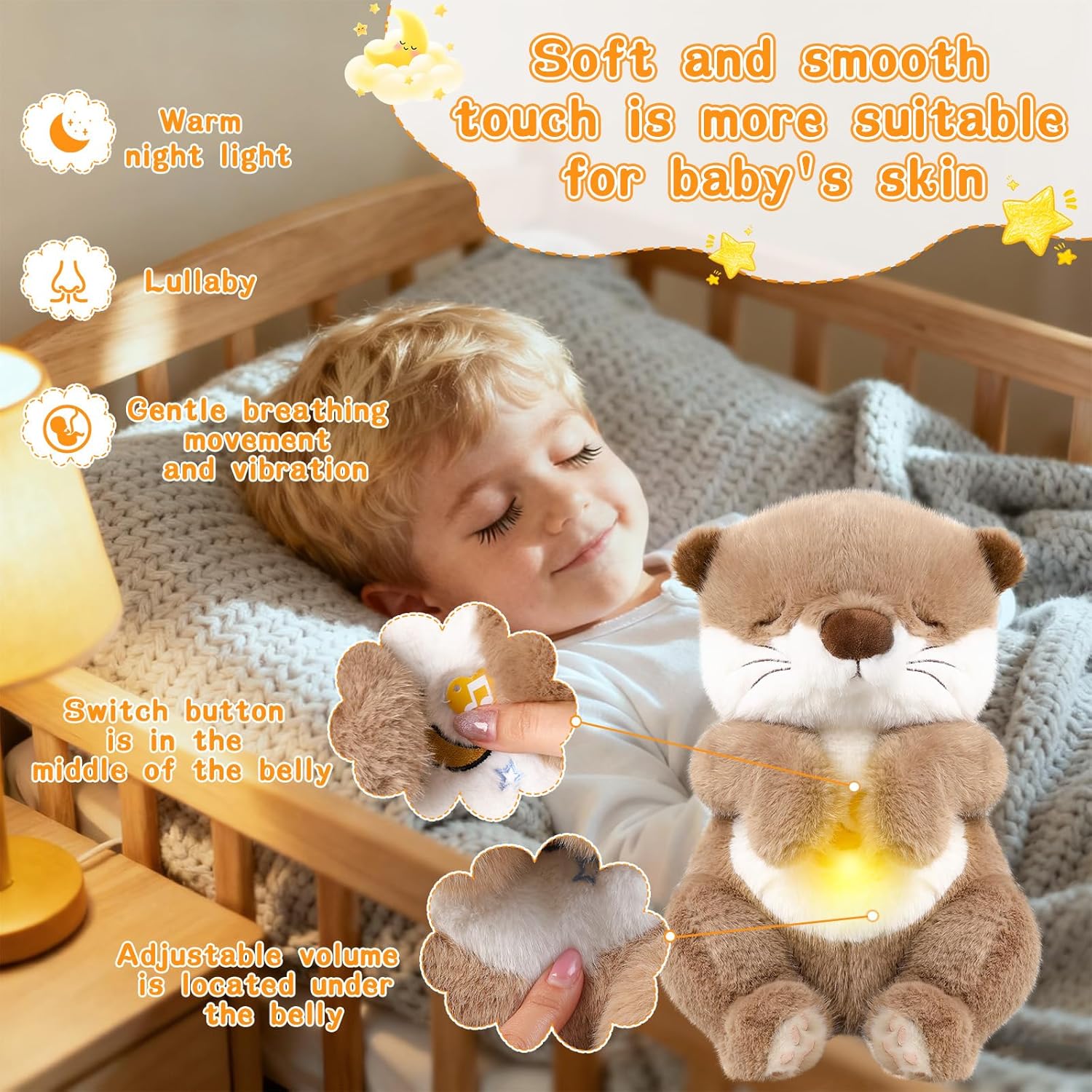 MIAODAM Soothing Otter Baby Plush Toy - Realistic Breathing Movement, Warm Light & Soothing Music - Otter Breathing Stuffed Animal for Toddlers, Easter Plush Decor
