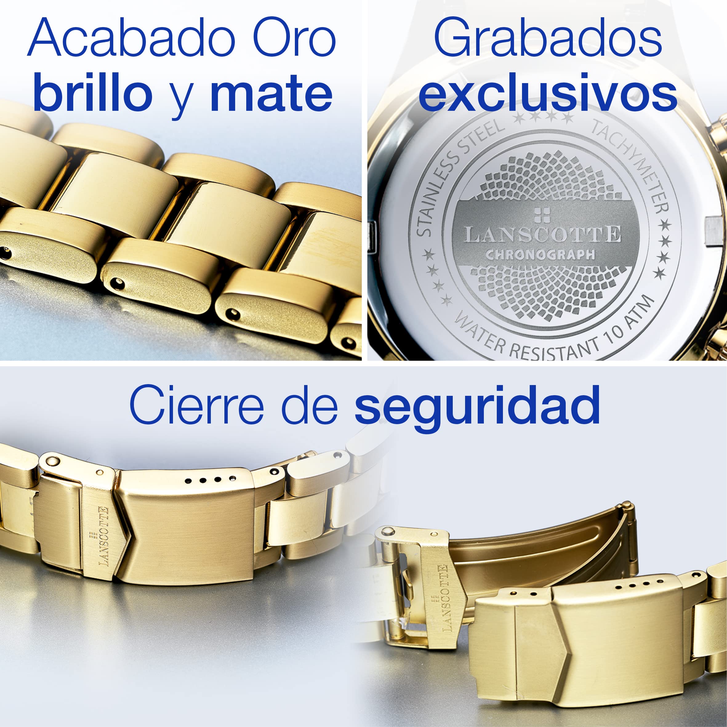 Lanscotte Icon – Reloj Cronógrafo de Hombre 42 mm – Acero Quirúrgico Antialérgico Acabado en Oro 1ª Ley IPG · Bisel Black Enamel · Cristal Tipo Zafiro · Taquímetro · 10 ATM