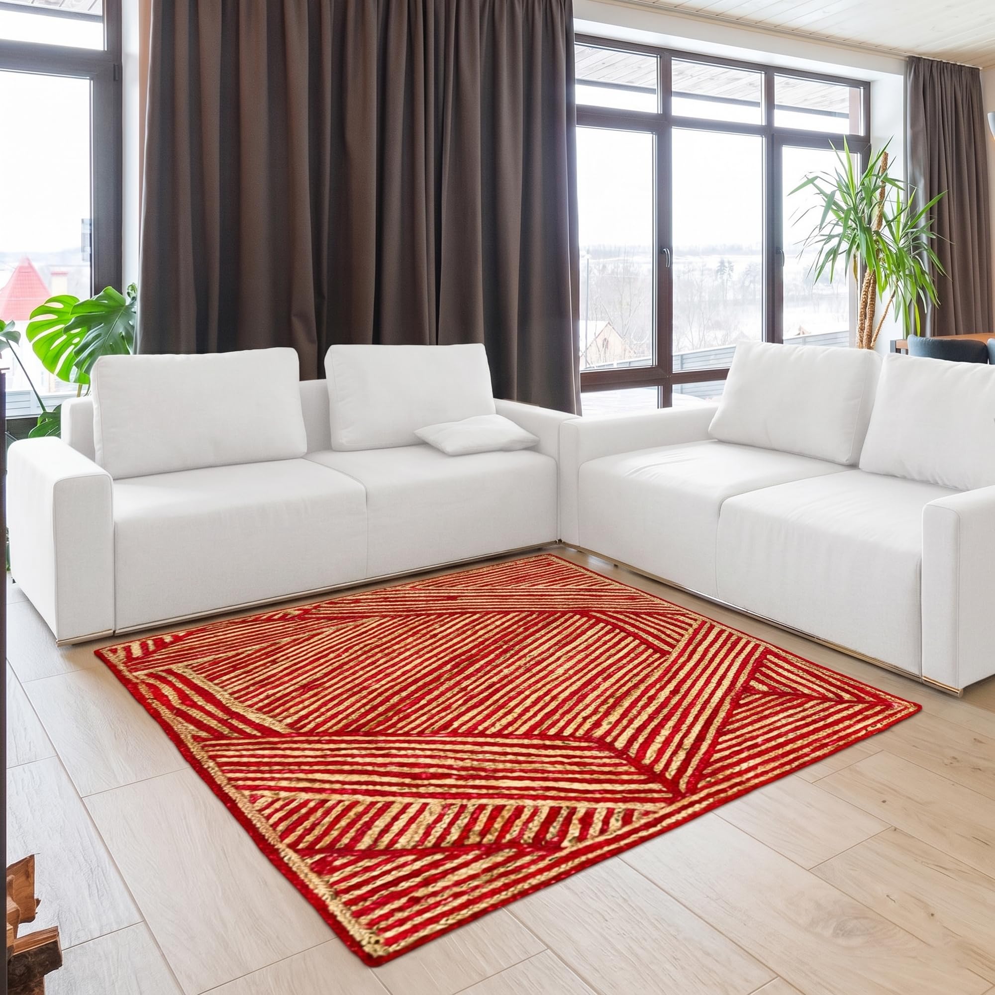Tapis en jute haut de gamme à motif géométrique rouge épais 2,1 m