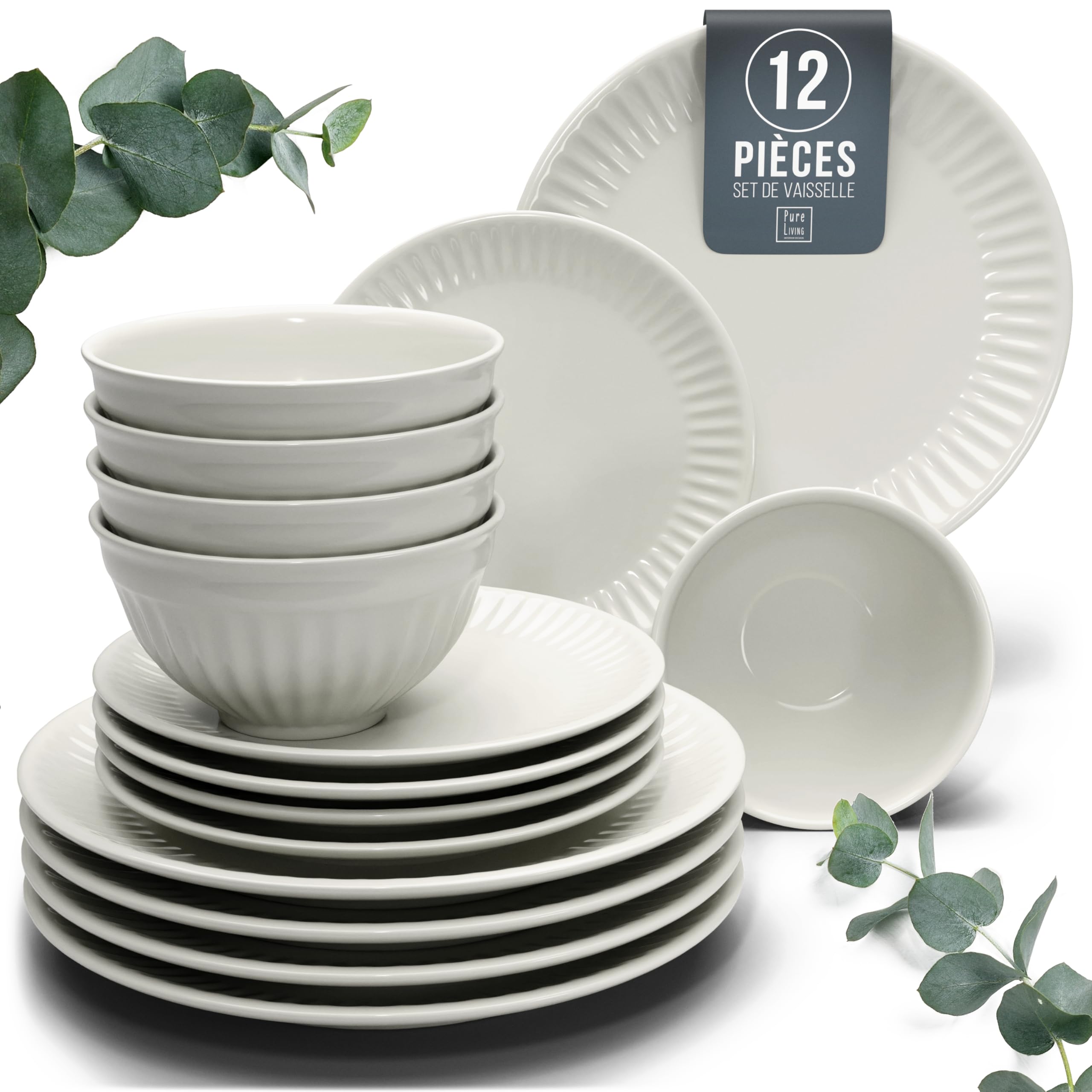 12-Piece Dinnerware Set - Bowl and Plate Set - Stoneware Dining Set for 4 People - Dishwasher and Microwave Safe - Grooved Dining Service in Beige