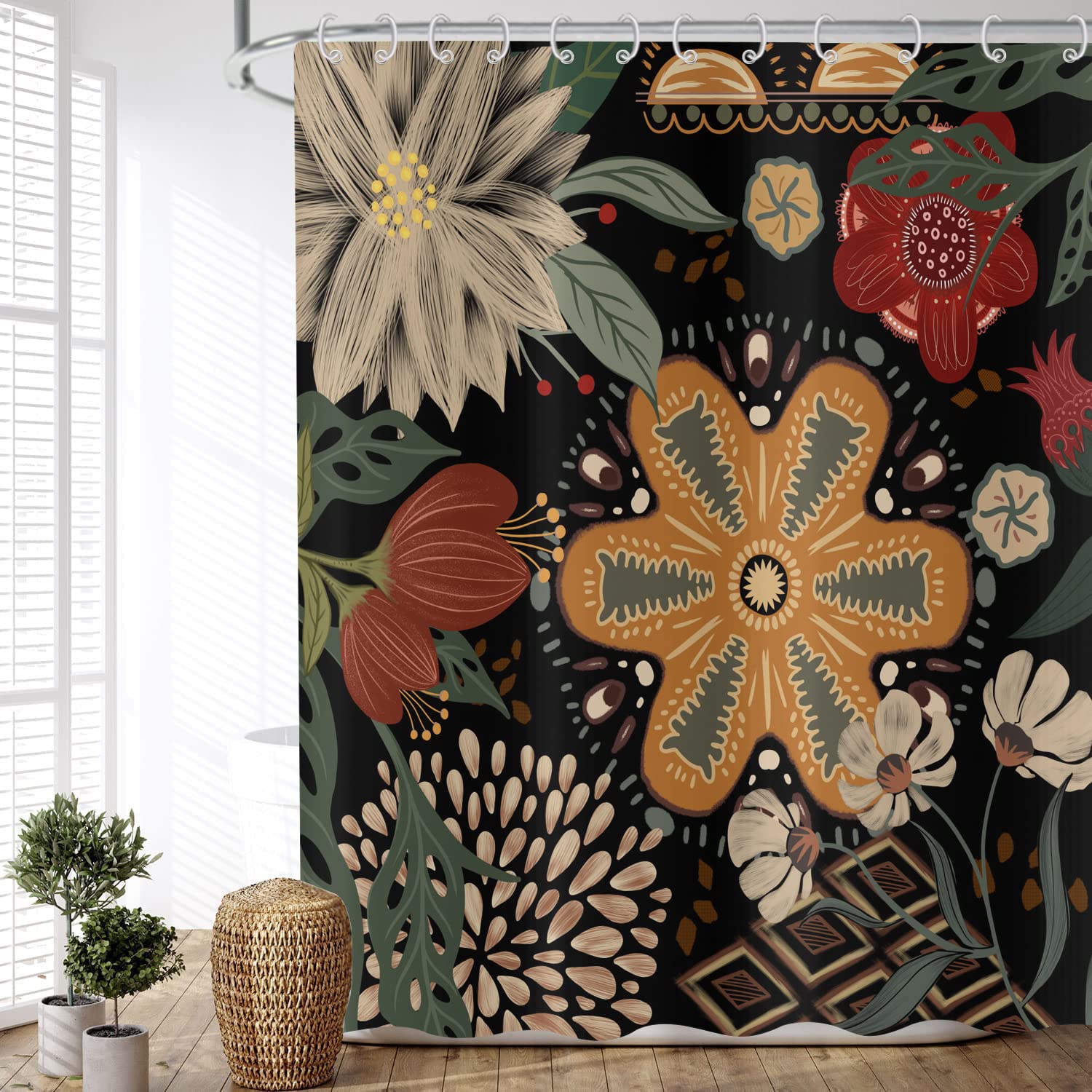 ASDCXZ Shower Curtain Boho Flowers 180x220 cm, Vintage Abstract Art Flower Leaves Black Washable Bath Shower Curtains Waterproof Polyester Textile Shower Curtain for Bathtub with 12 Hooks โ image 1