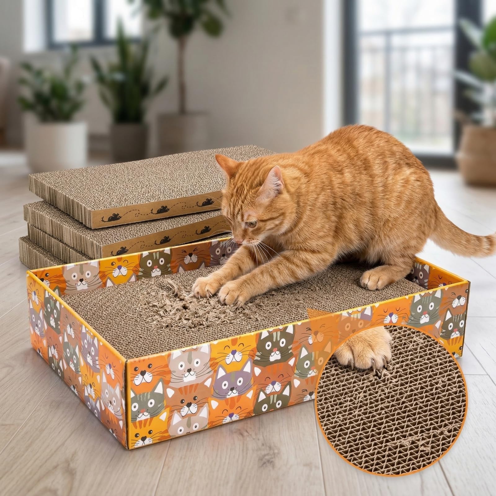 Pumtus Juego de 2 rascadores de cartón para gatos, 6 almohadillas corrugadas para gatos con 2 cajas, bonito sofá cama reversible para gatitos, salón recargable en forma de onda, juguete interactivo