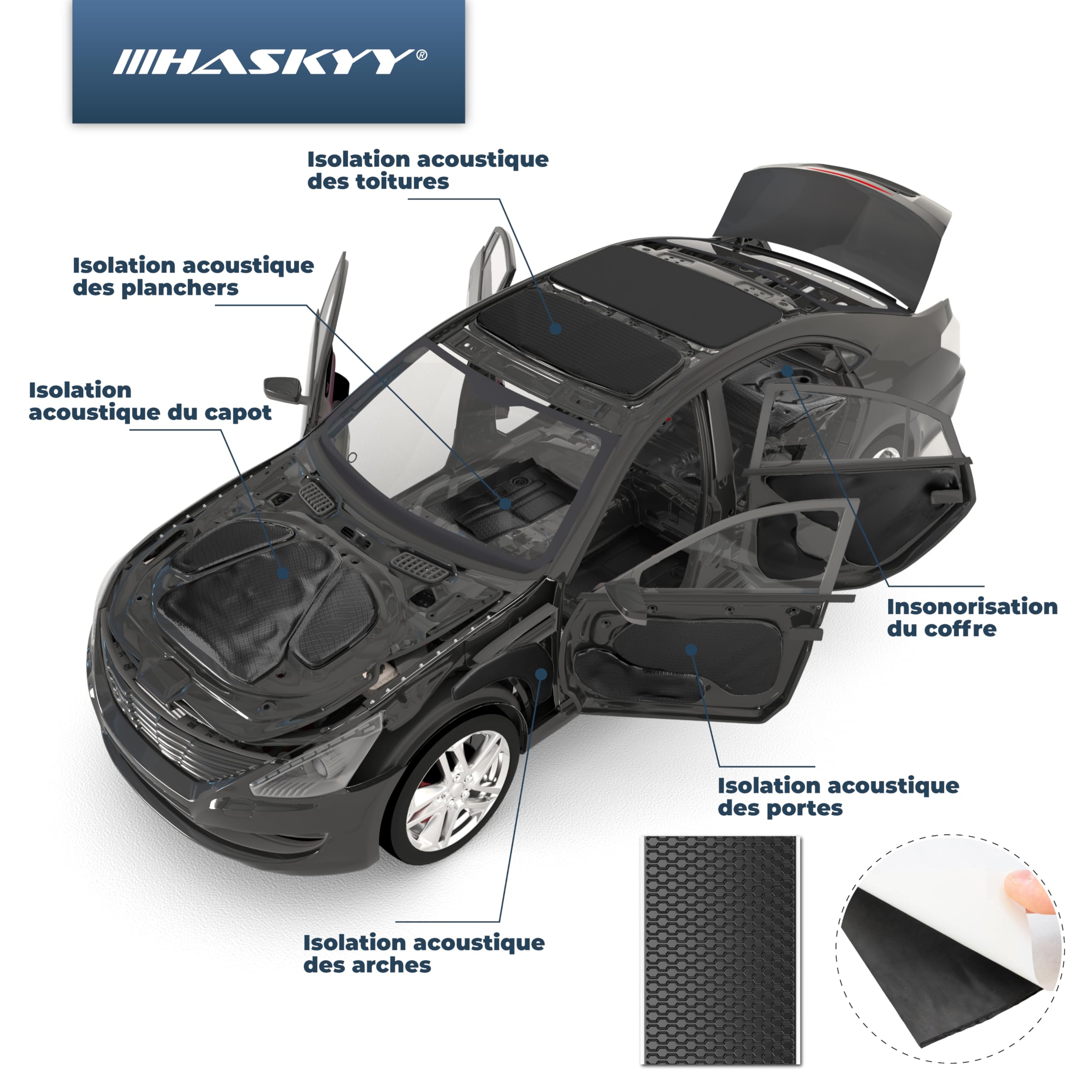 HASKYY Lot de 6 plaques d'isolation anti-buée autocollantes en aluminium butyle de 2 mm - 1,11 m² - 500 x 370 mm - Noir - Isolation acoustique et acoustique