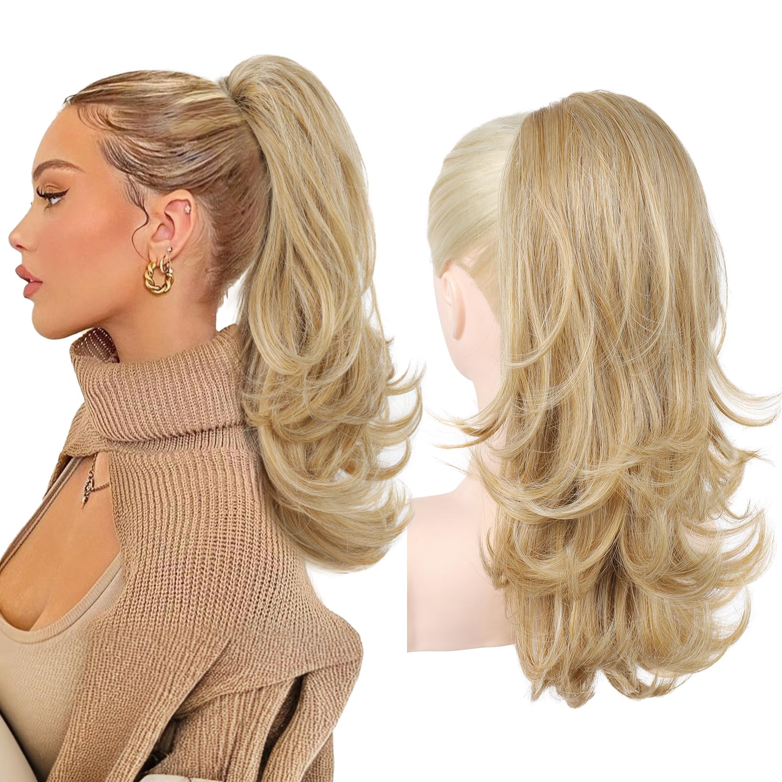 Photo 1 of LONAI Ponytail Extension for Women,18 Inch Layered Wavy Pony Tail Hair Extensions, Natural Drawstring Ponytail Synthetic Hairpiece for Daily Wear (Golden Blonde with Highlights)