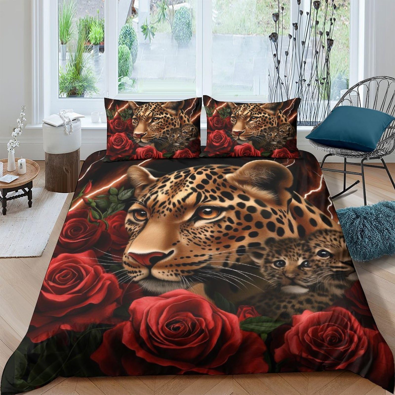 GPLZQXKJNH 3D Printed Leopard Rose Duvet Cover Set Microfiber Soft Breathable Quilt Cover with 2 Pillowcases for Bedroom Decor Single（135x200cm）