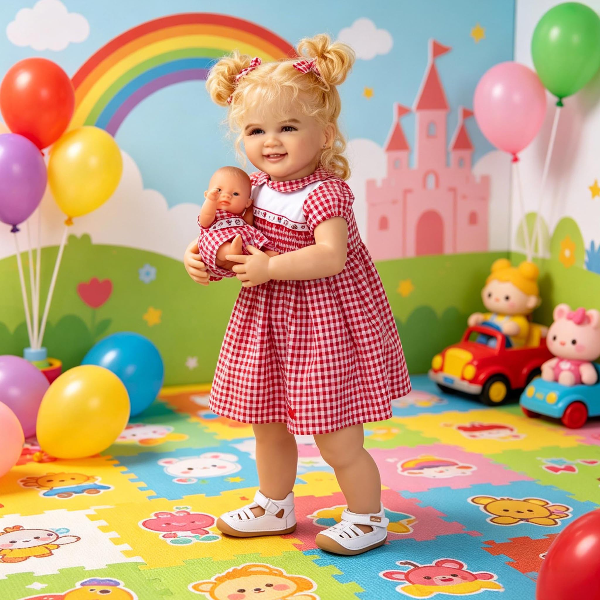 RXDOLL 71,1 cm süßes Gesicht, lebensechte Reborn-Babypuppe, weicher Vinyl-Stoffkörper, echte Babygröße, verwurzeltes blondes lockiges Haar, realistisches Neugeborenes, Kleinkind, Mädchen, Puppe