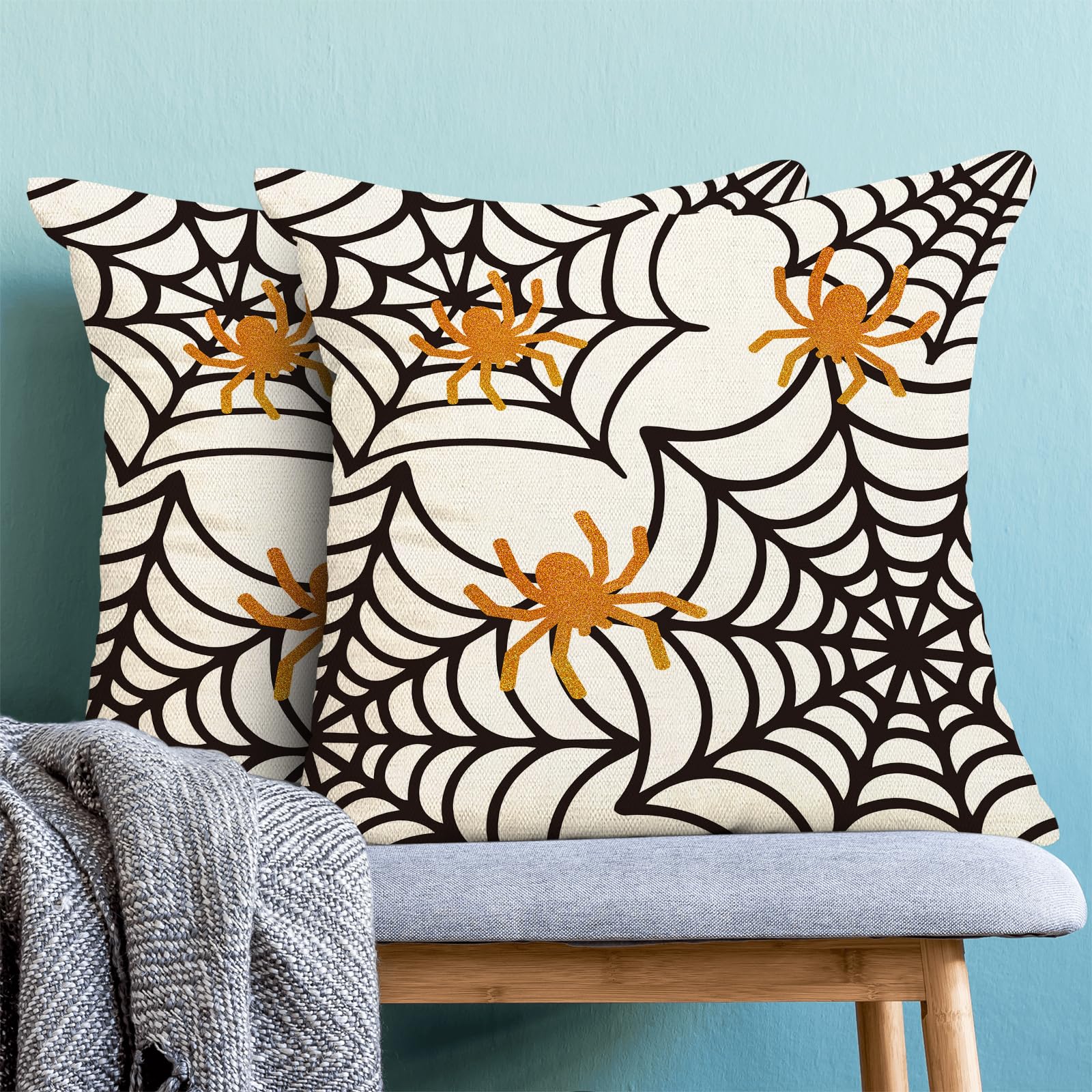 Halloween Spider Web Pillow Covers Set Of 2 - 18x18 Inch, Linen Blend, Hidden Zipper - View #10