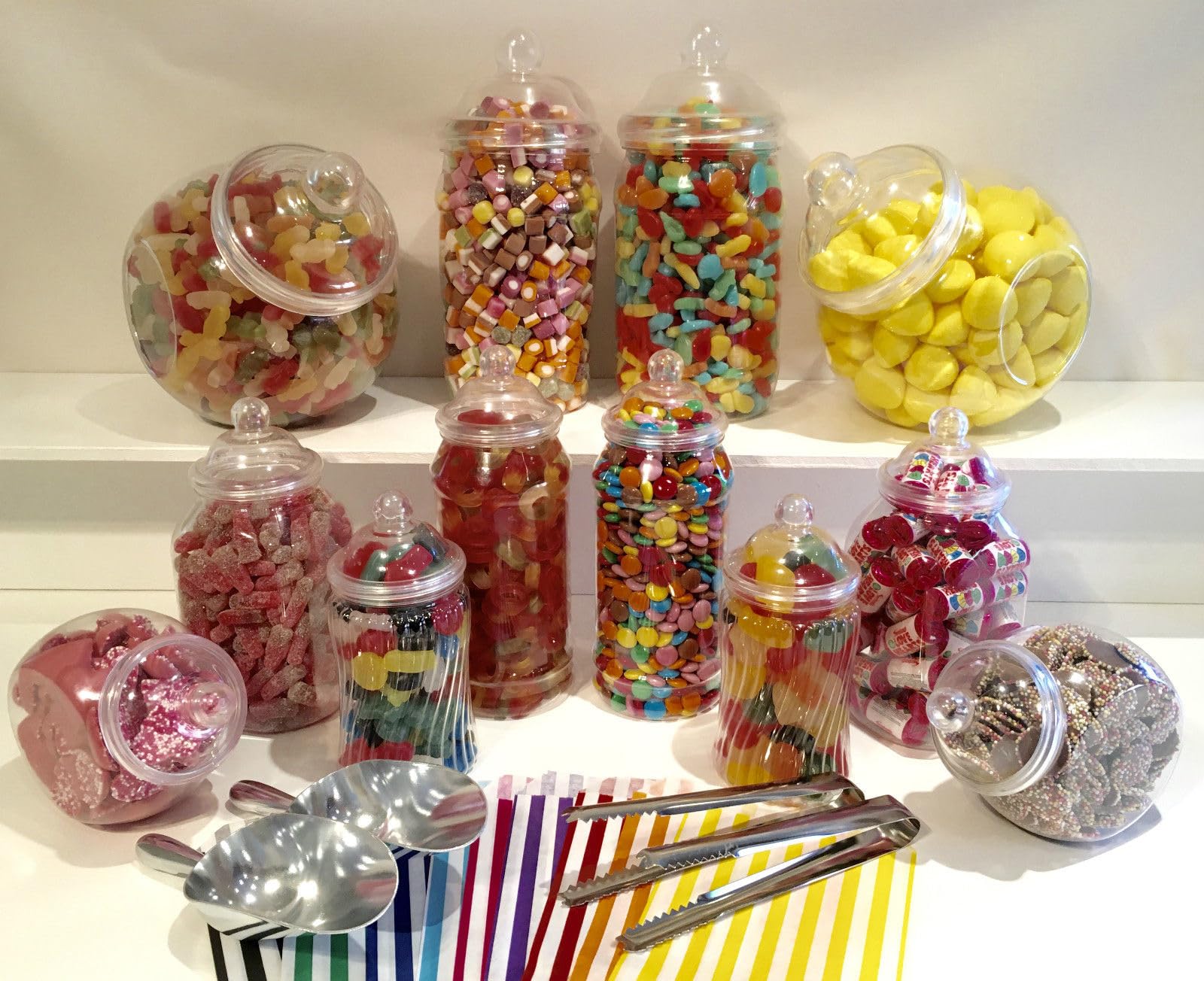 JUMBO 12 Assorted Jars 2 Scoops, 2 Tongs, 100 Bags - Vintage Victorian Pick & Mix Sweet Shop Candy Buffet Kit Party Pack (YELLOW)