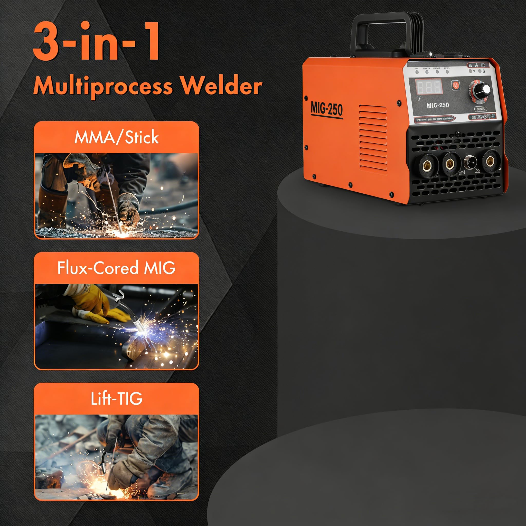 MIG/MMA/TIG wielofunkcyjna spawarka 3 w 1, 240 V, 250 A, spawarka elektrodowa z wyświetlaczem LED, w zestawie drut wypełniający i palnik MIG, dla majsterkowiczów i profesjonalistów