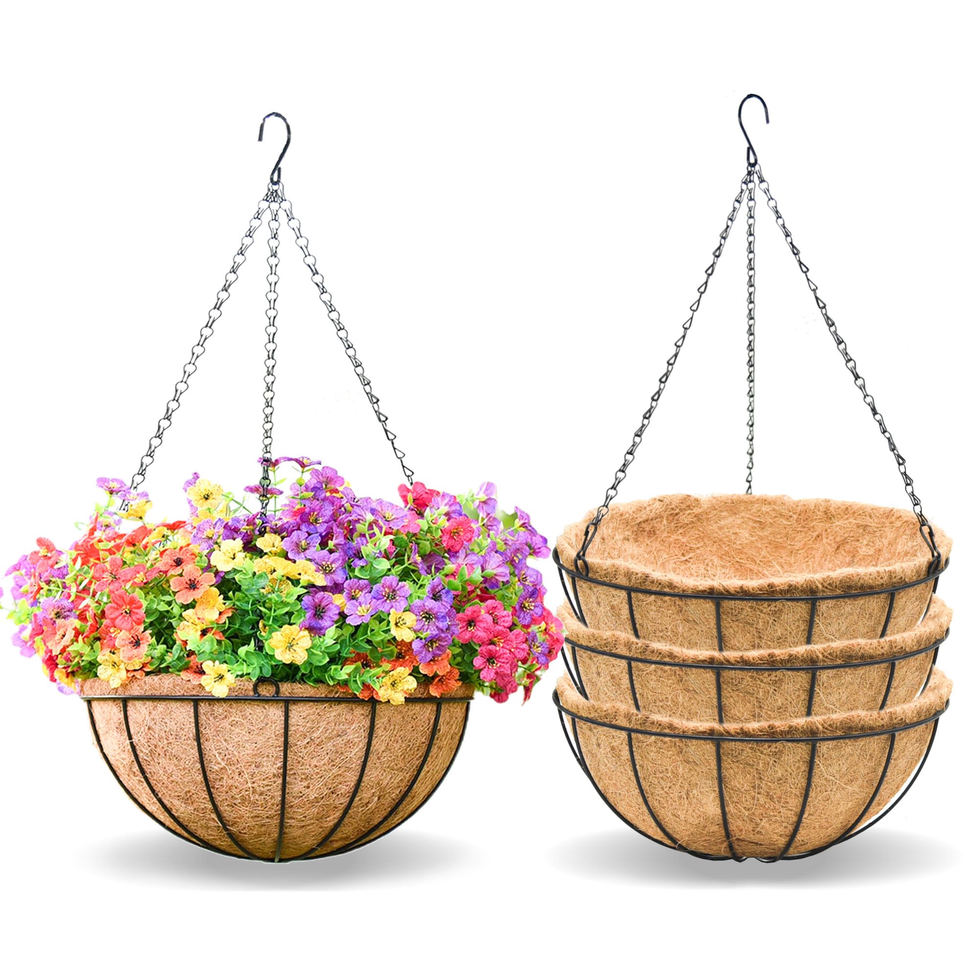 XXFBJNMD 4 Pack 14 Inch Hanging Baskets for Plants Outdoor Metal Hanging Planter Basket with Coco Coir Liner Hanging Flower Baskets Hangings Flower