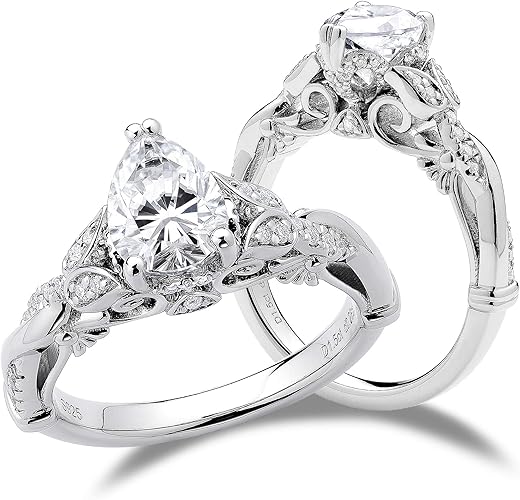 DovEggs Sterling Silver 1.5ct Center 6X8mm G-H-I Color Pear Shaped Cut Vintage/Antique Moissanite Engagement Ring Solitare with Accents Band Width 2.4mm