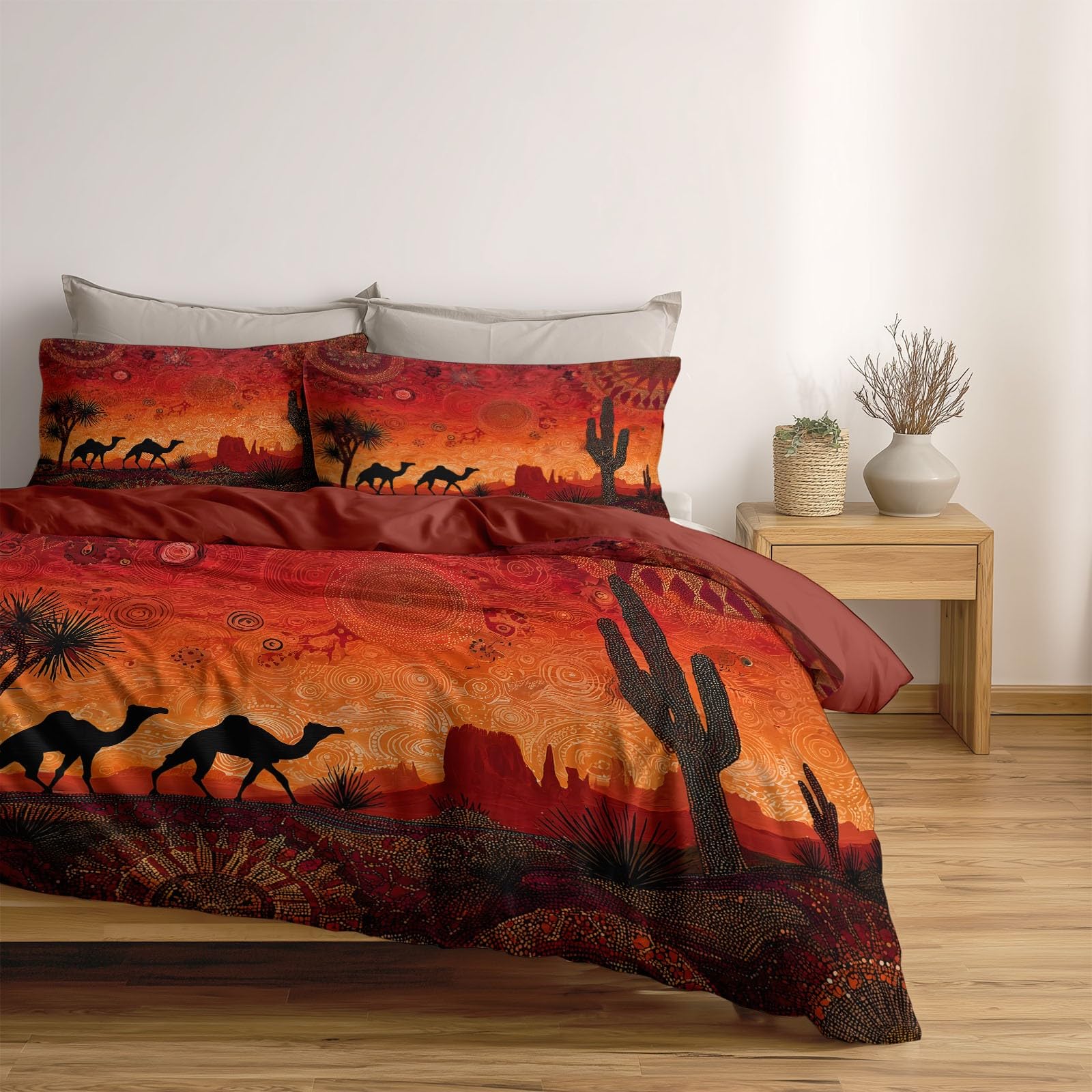 Generisch Boho Stil Kamel Kaktus Wüste Sternbilder 3-teiliges Bettwäsche-Set, 1 Bettbezug 240 x 220 cm und 2 Kissenbezüge 80 x 80 cm,aus bügelfreier Mikrofaser Ziegel