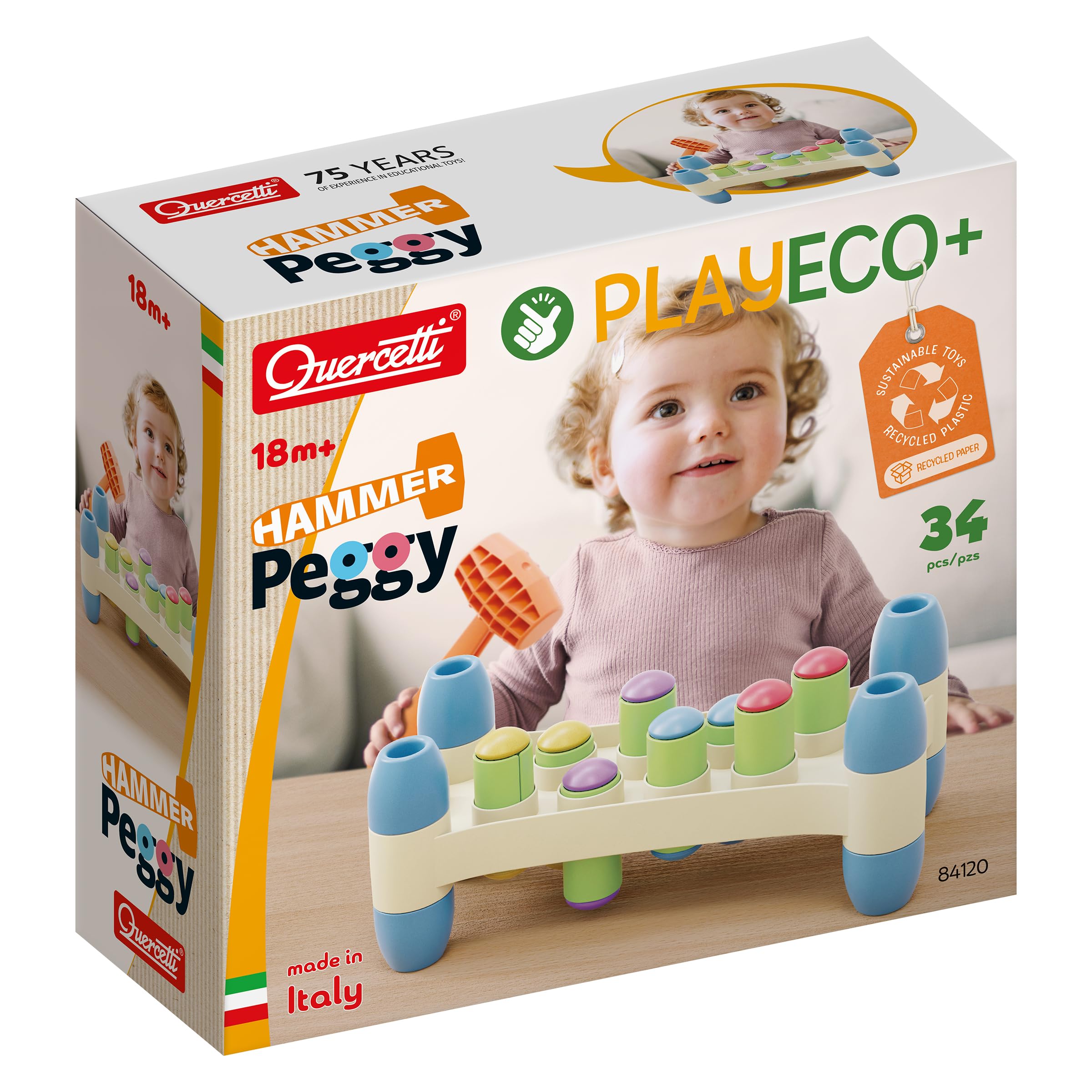 Quercetti Play Eco+ Hammer Peggy - Toddler Skill Toy - Multi