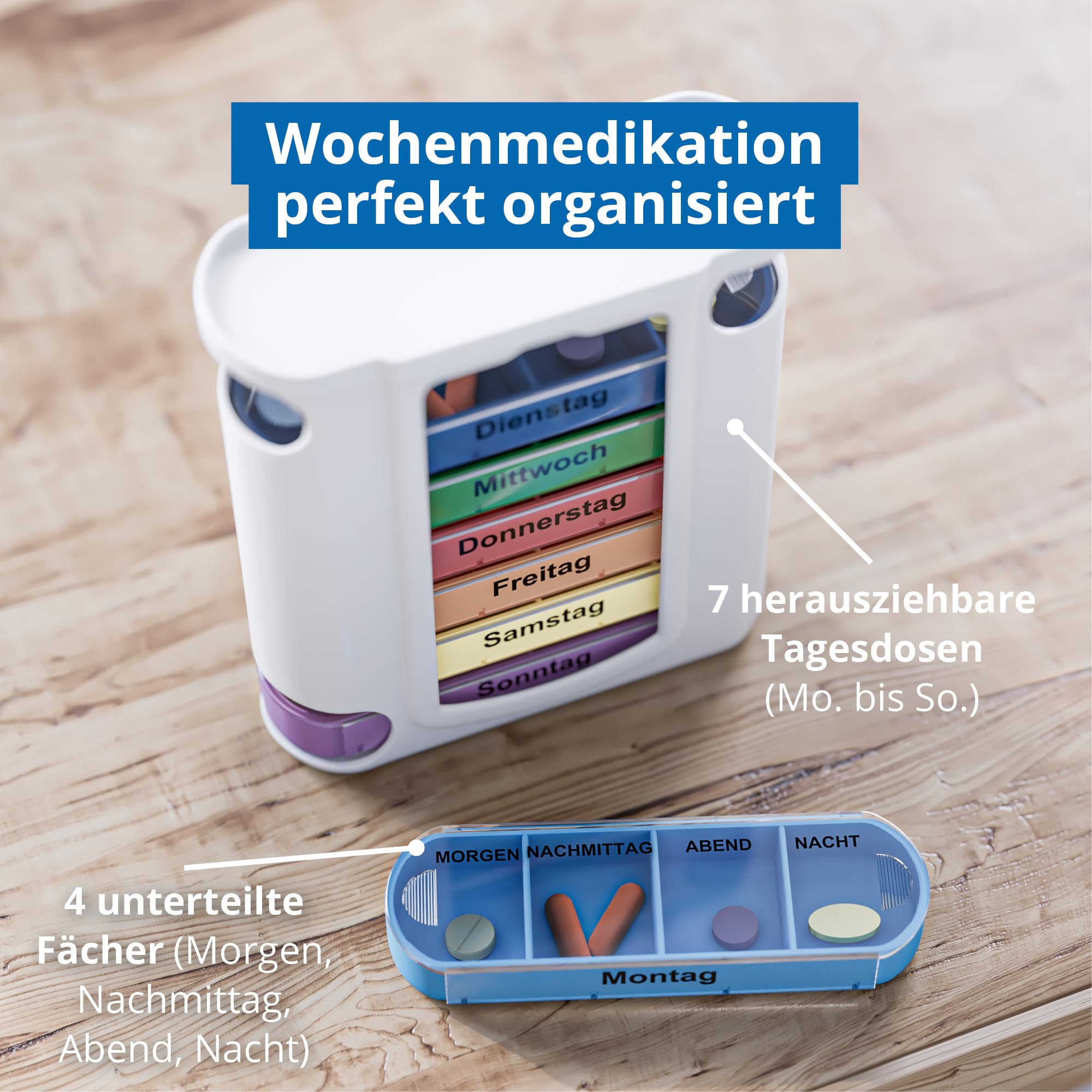 Weinberger „PillVoyage“ Tablettenbox 7 Tage | Medikamentenboxen mit 4 Fächern pro Tag | Pillendose als kompakter Organizer