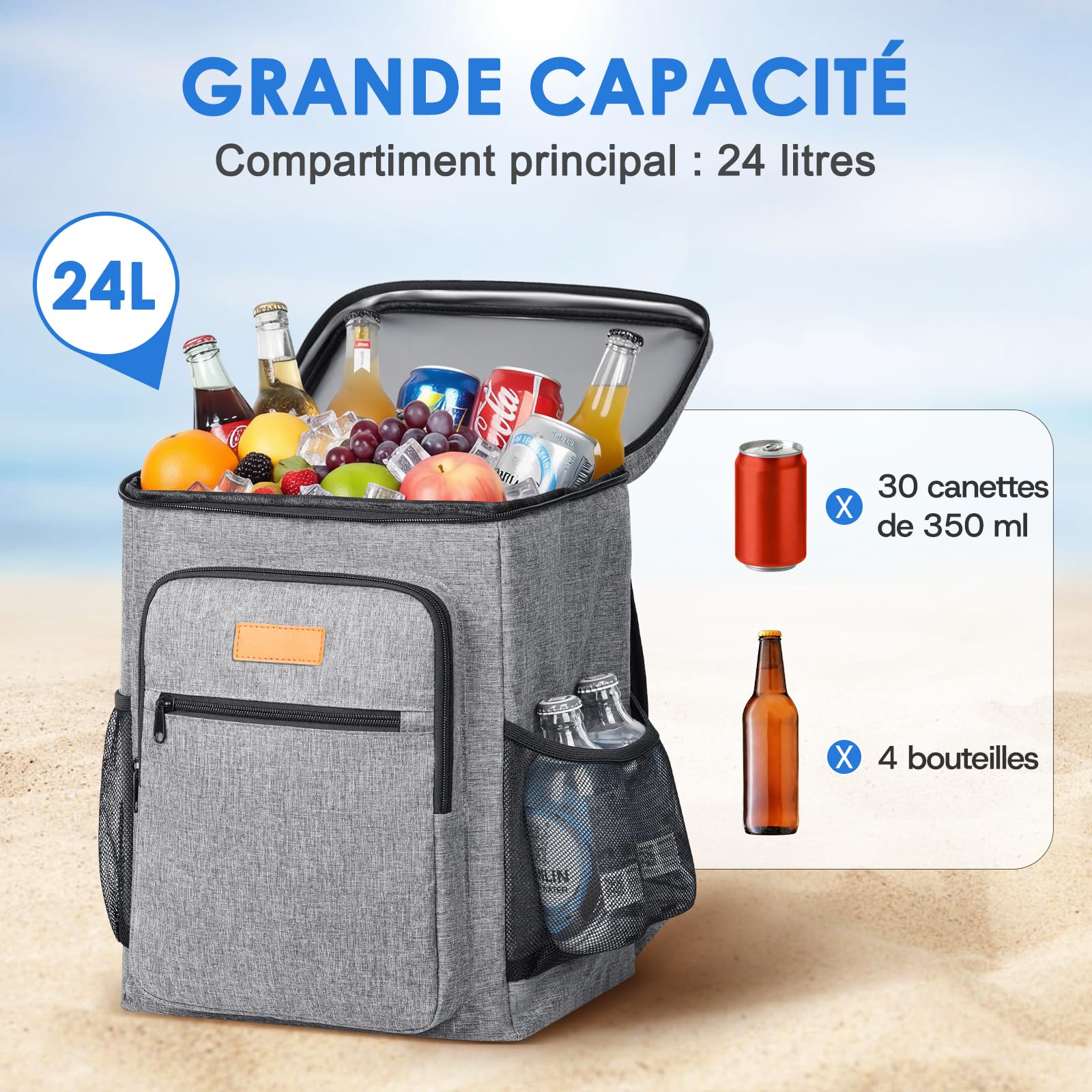 Sac à Dos Isotherme Repas de 24 L Sac à Dos de Pique-Nique Étanche et Souple avec Multiples Poches et Un Décapsuleur Sac à Dos Glacière Portable pour Famille Repas Camping Plage Travail et Extérieur