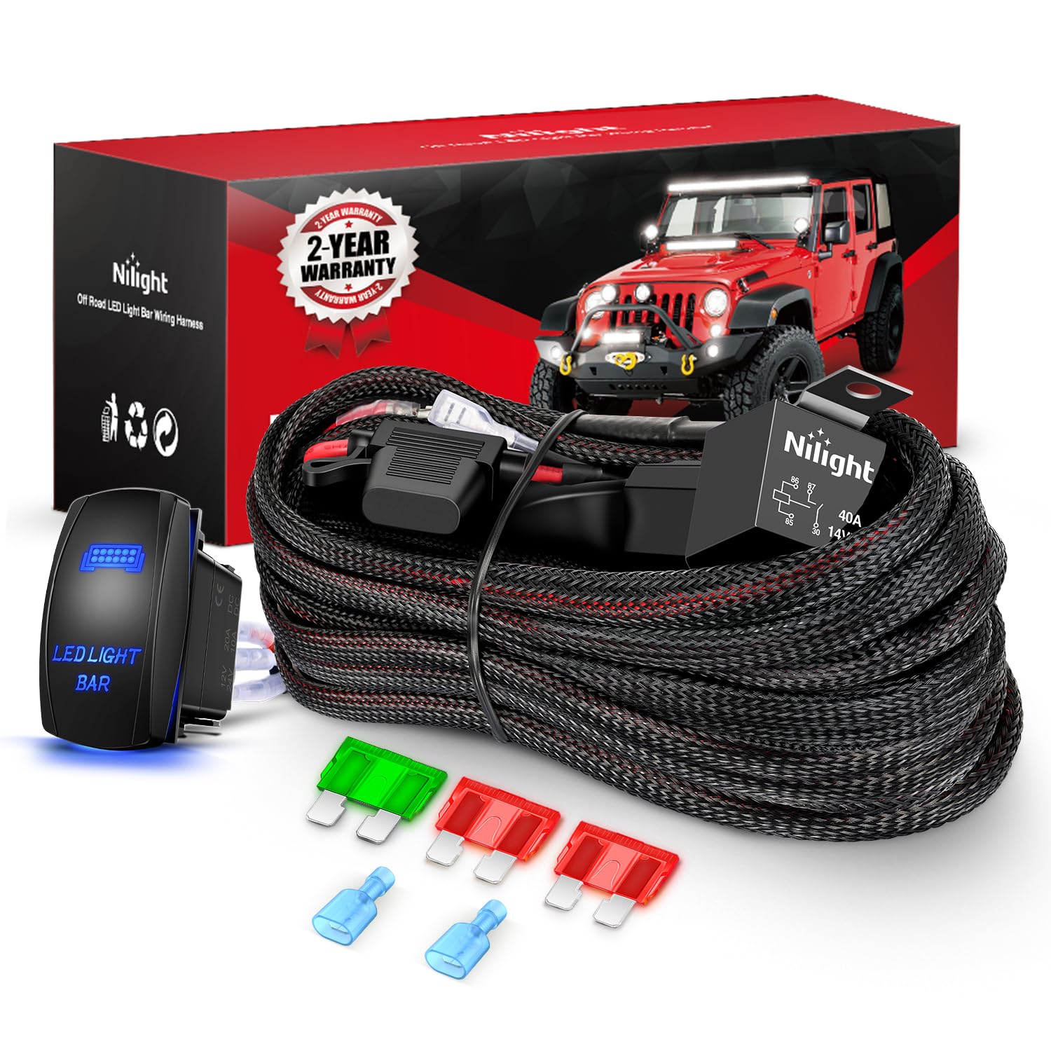 Nilight Wiring Harness Kit Nylon 12 AWG 1 Lead 12V 5Pin Rocker Switch Laser On Off Power Relay Blade Fuse for LED Light Bar Off Road Lights on Cars