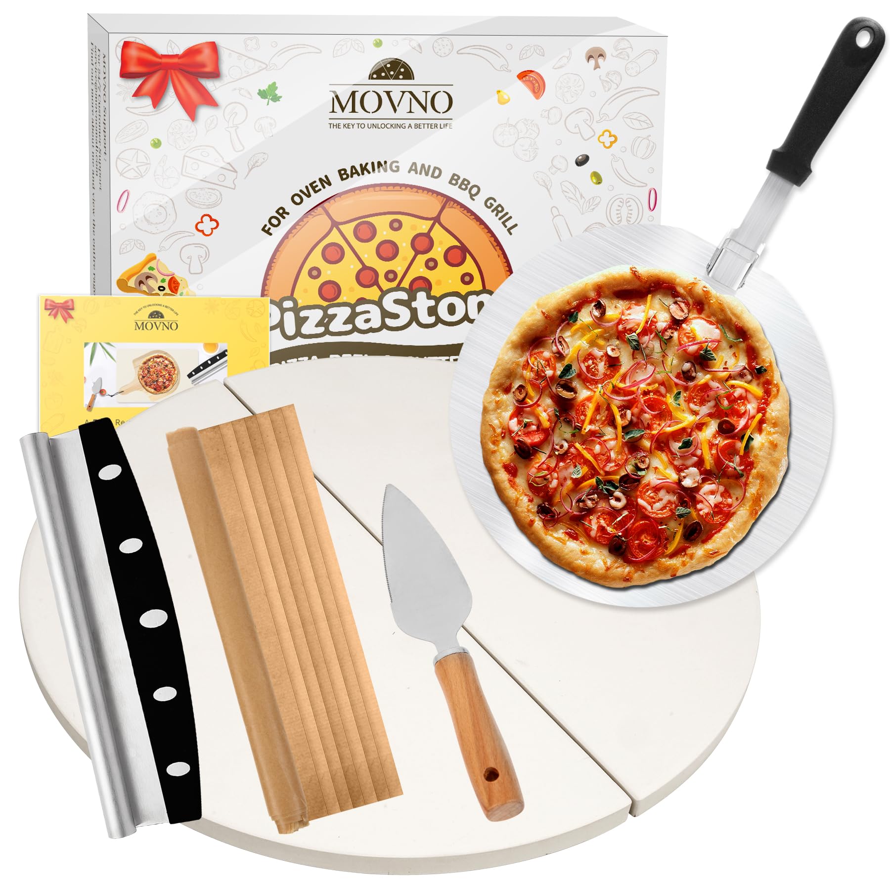 Juego de piedras para pizza: piedra redonda grande de 15 pulgadas para horno y parrilla, piedra duradera y segura para hornear, piedra de cocina resistente a los golpes térmicos con pala de madera