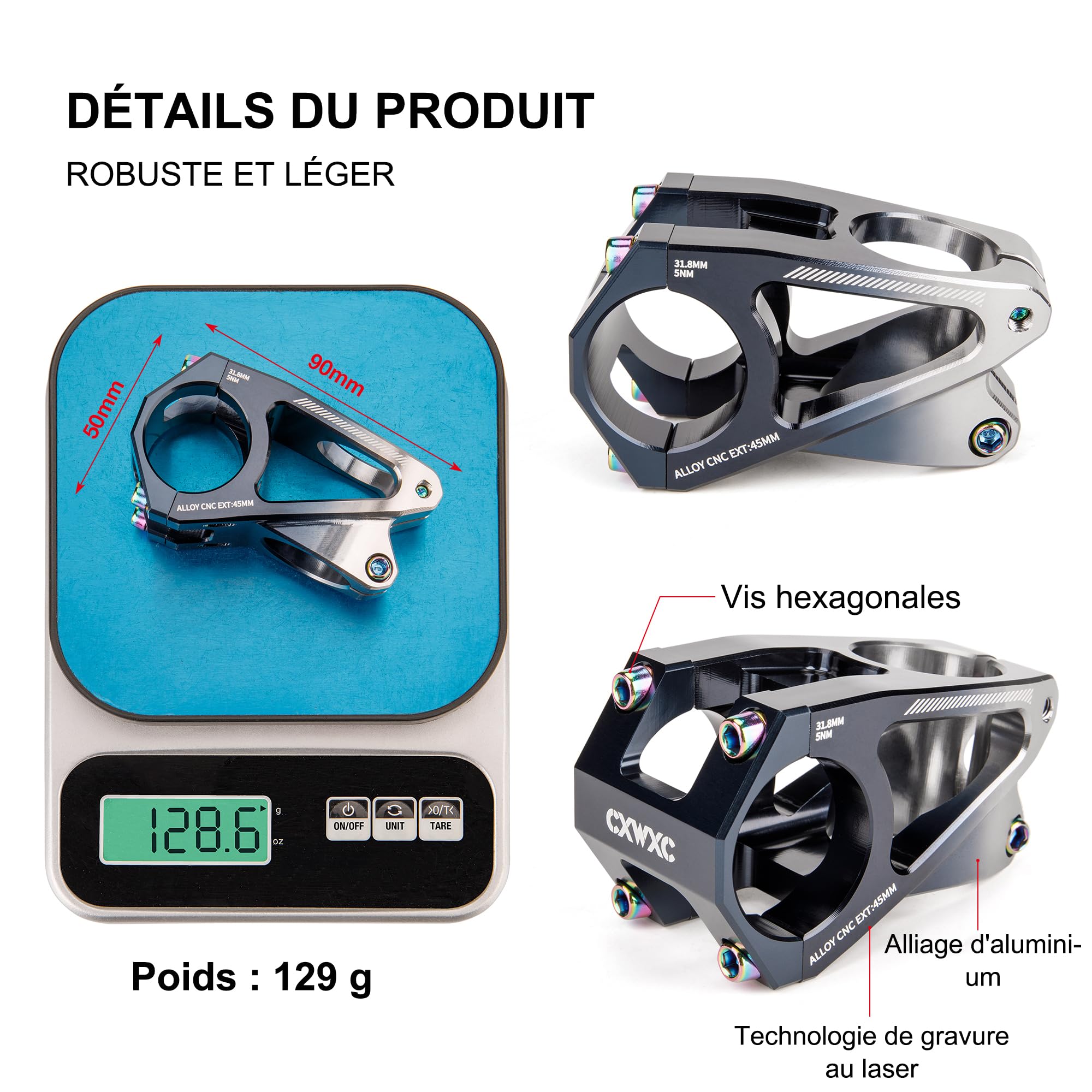 CXWXC Potence de vélo courte de 31,8 mm - En aluminium - Longueur de 45 mm - Convient pour VTT, vélo de route, vélo de ville