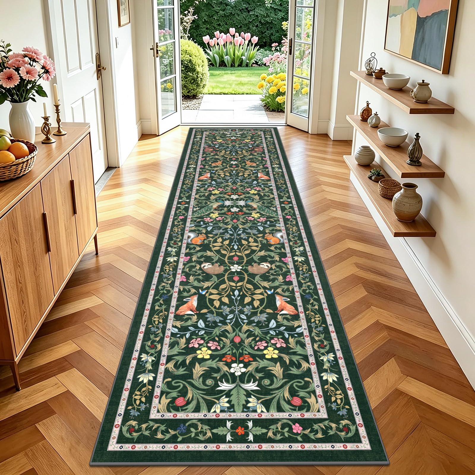 TUKDAK Runner Rugs for Hallway Non Slip 60x240cm, Green Animal Washable Kitchen Carpet Runner, Boho Forest Floral Long Hall Rug for Entryway Bedroom Laundry Living Room, Low Pile Non Shedding