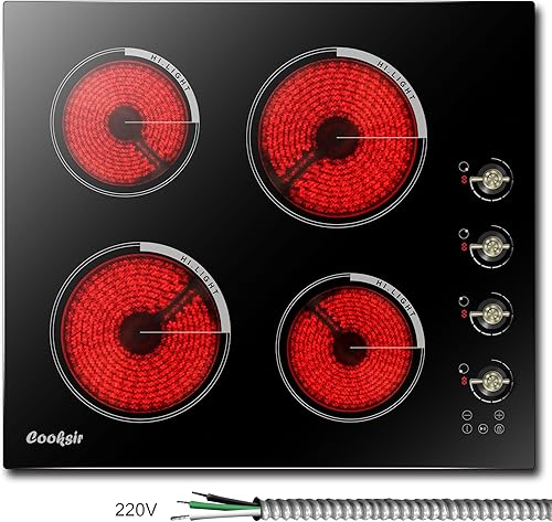 Estufa eléctrica de 24 pulgadas, 4 quemadores, estufa de cerámica de vidrio integrada de 6000 W, 220-240 V, control táctil y de perilla, bloqueo de