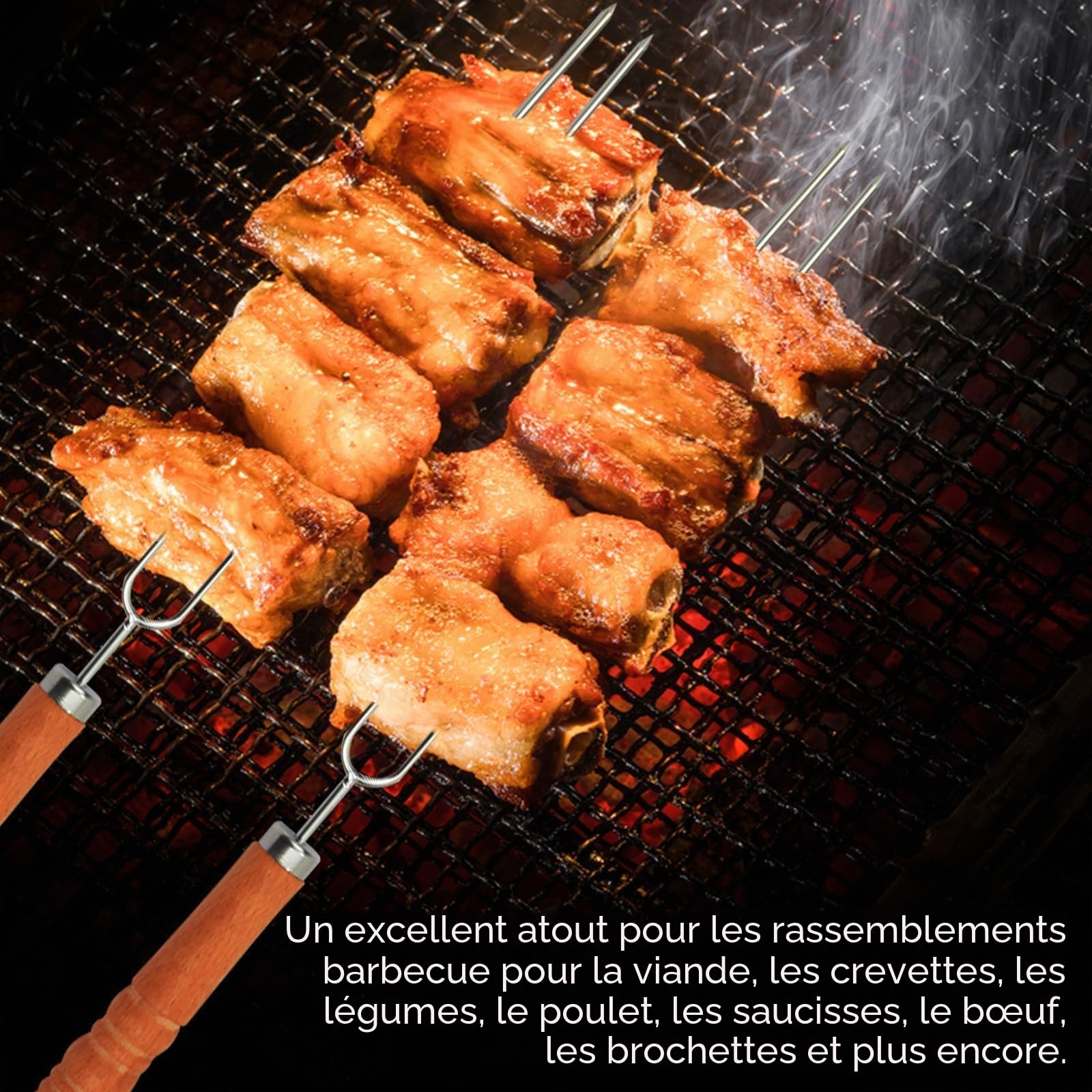 BIGP Lot de 8 Brochettes pour Barbecue, Double Pique a Brochette pour Barbecue, 41.8cm Brochettes à Viande Acier Inoxydable pour Barbecue Brochette, Réutilisable Accessoire Barbecue