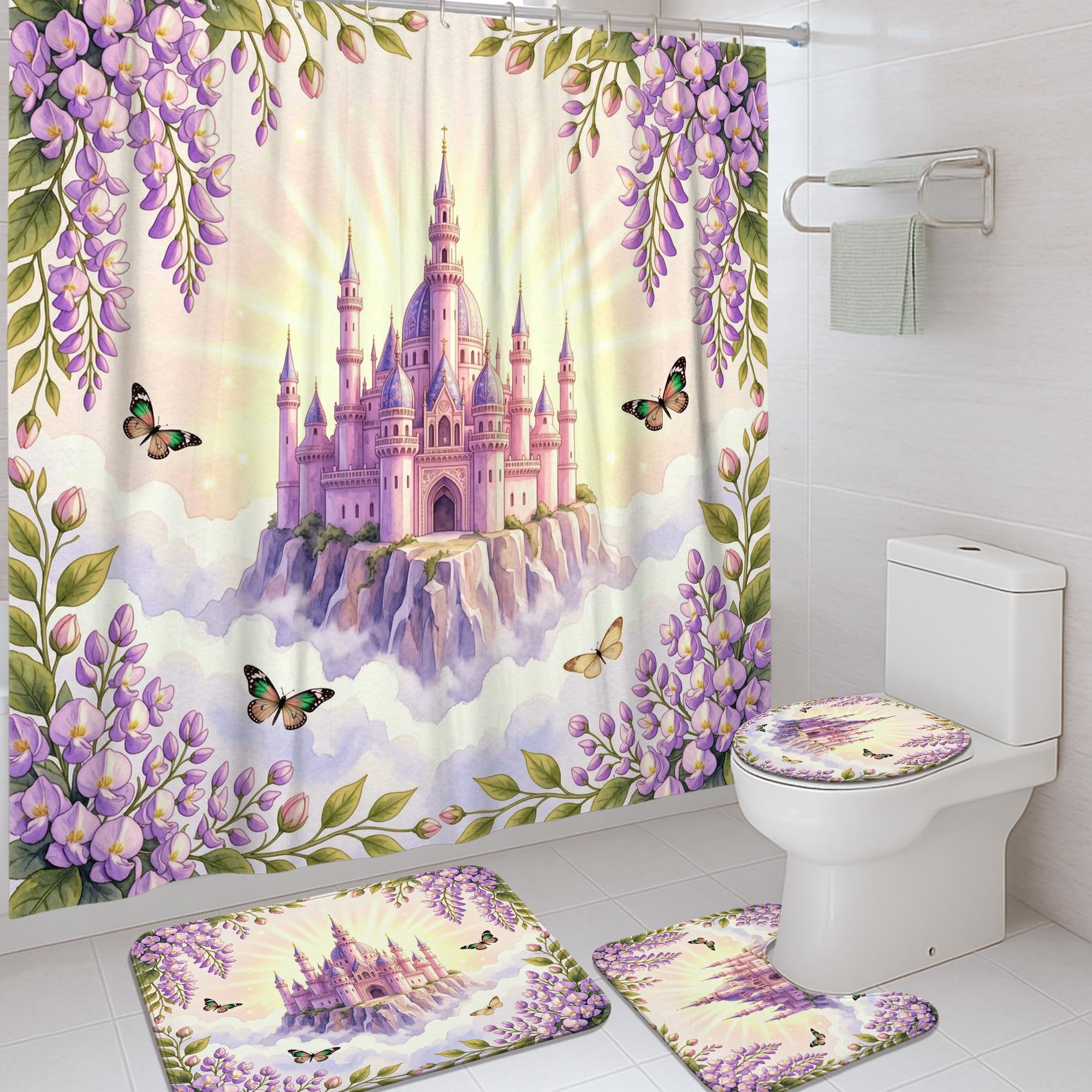 Rideau de douche motif château et papillon pour une évasion printanière