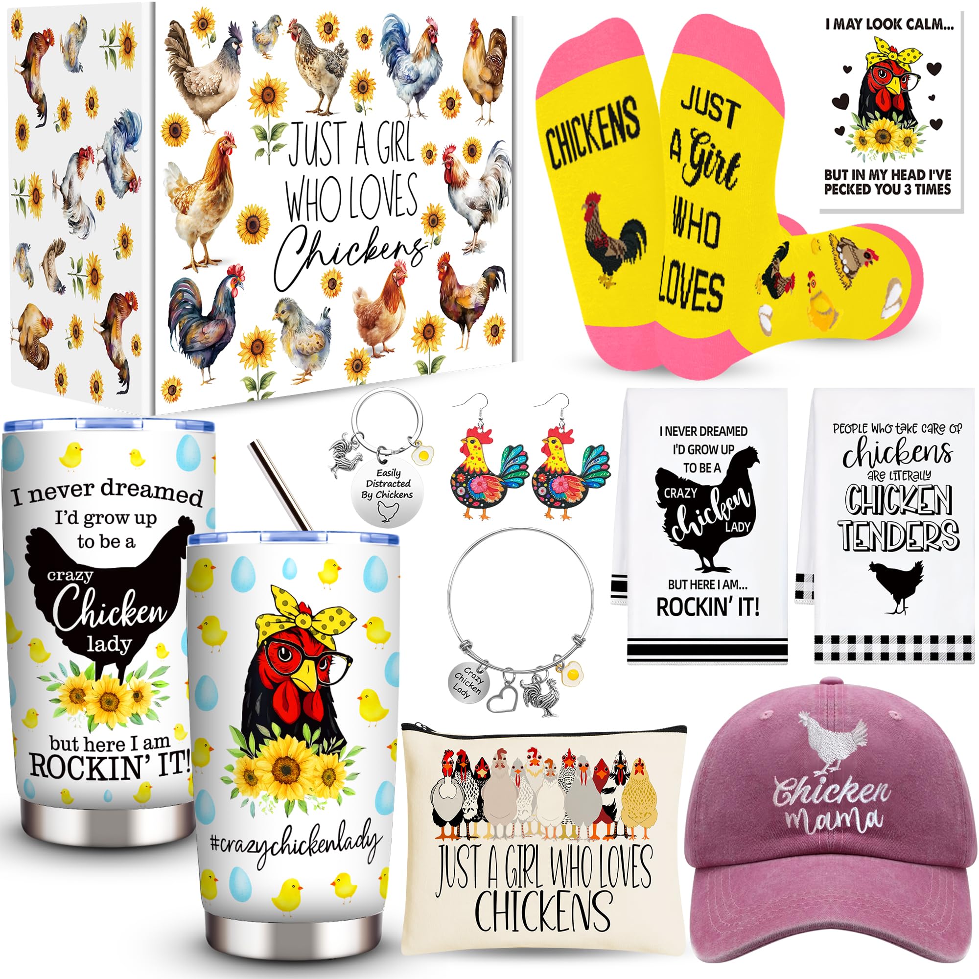 Chicken Gifts, Chicken Lover Gifts for Women, Funny Chicken Stuff with 20 Oz Tumbler Hat Socks Makeup Bag 2 Chicken Kitchen Towel Bracelet Keychain Earrings, Chicken Lady Birthday Chirstmas Gift