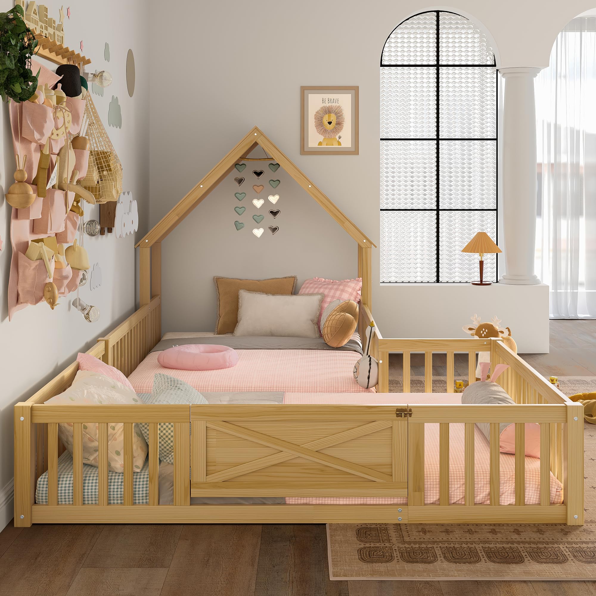 SOFTSEA Full Size L-Shaped House Bed Frame for Kids, Wooden Double Floor Bed with Fence Guardrails & Roof Design, Montessori Corner Beds for 2 Teens, No Slats, Natural