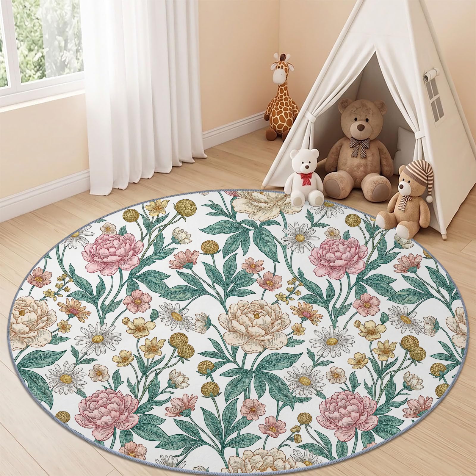 Alfombra redonda de 120 cm con diseño floral de peonía y margaritas blancas, para habitación de niños, lavable, alfombra de juegos para bebés, niños y niñas, alfombra suave antideslizante, color rosa