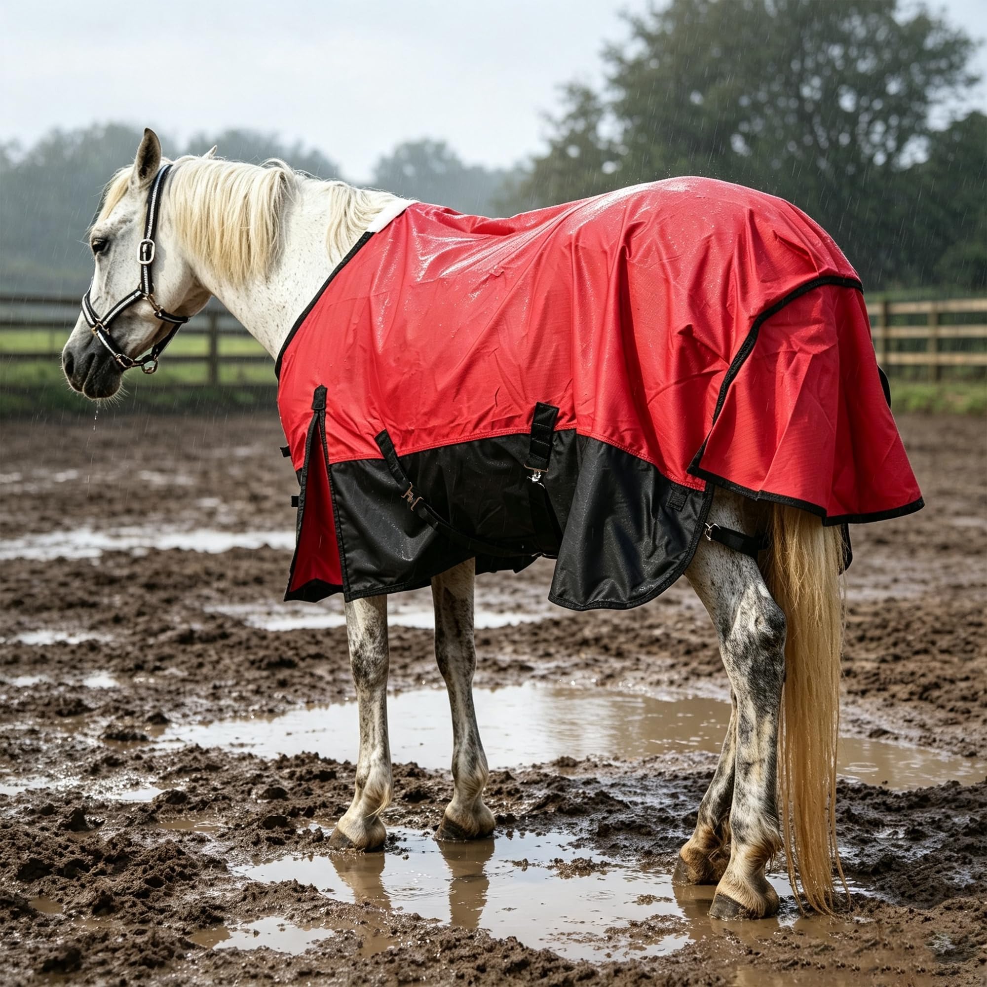 Leberna Alfombra 600D para caballos sin relleno, impermeable, ligera, transpirable, estándar, cuello completo, para lluvia de caballos (rojo/negro, 6 pies)