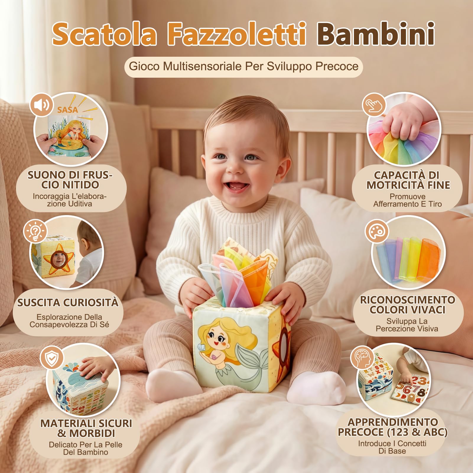 Anook Giochi Montessori 6 Mesi, 5 in 1 Giochi 6 8 10 Mesi Include Giochi Bambini Formine, Costruzioni Bambini 6 Mesi, Scatola di Fazzoletti, Giochi Sensoriali Neonato per Regalo Bimba Bimbo 6-24 Mesi