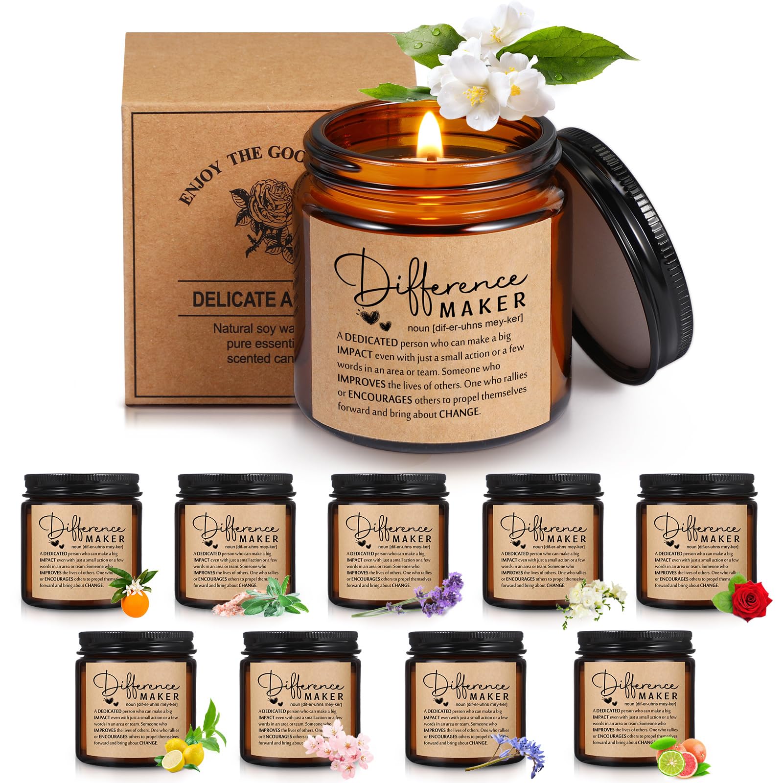 Fumete 10 Pcs Employee Appreciation Gifts Jars Scented Soy Candles 3.5 oz The Difference Candles Team Thank You Gifts for Office Coworker Volunteers