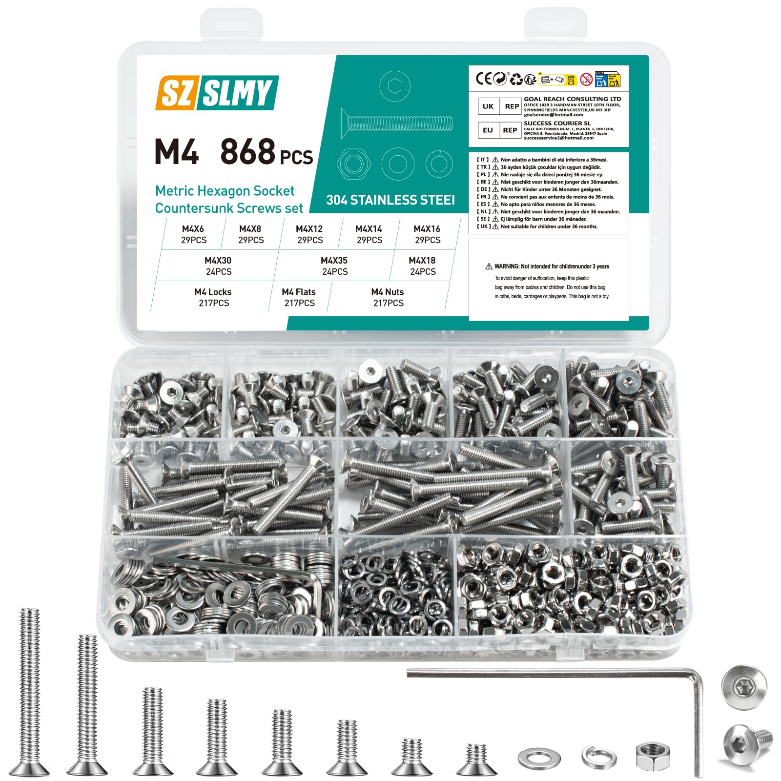 868 Pcs M4 Countersunk Bolts and Nuts Sets, Flat Head Hex Socket Head Cap Screws Assortment Kit, Stainless Steel Countersunk Machine Screws Assorted Nuts and Bolts with Washers