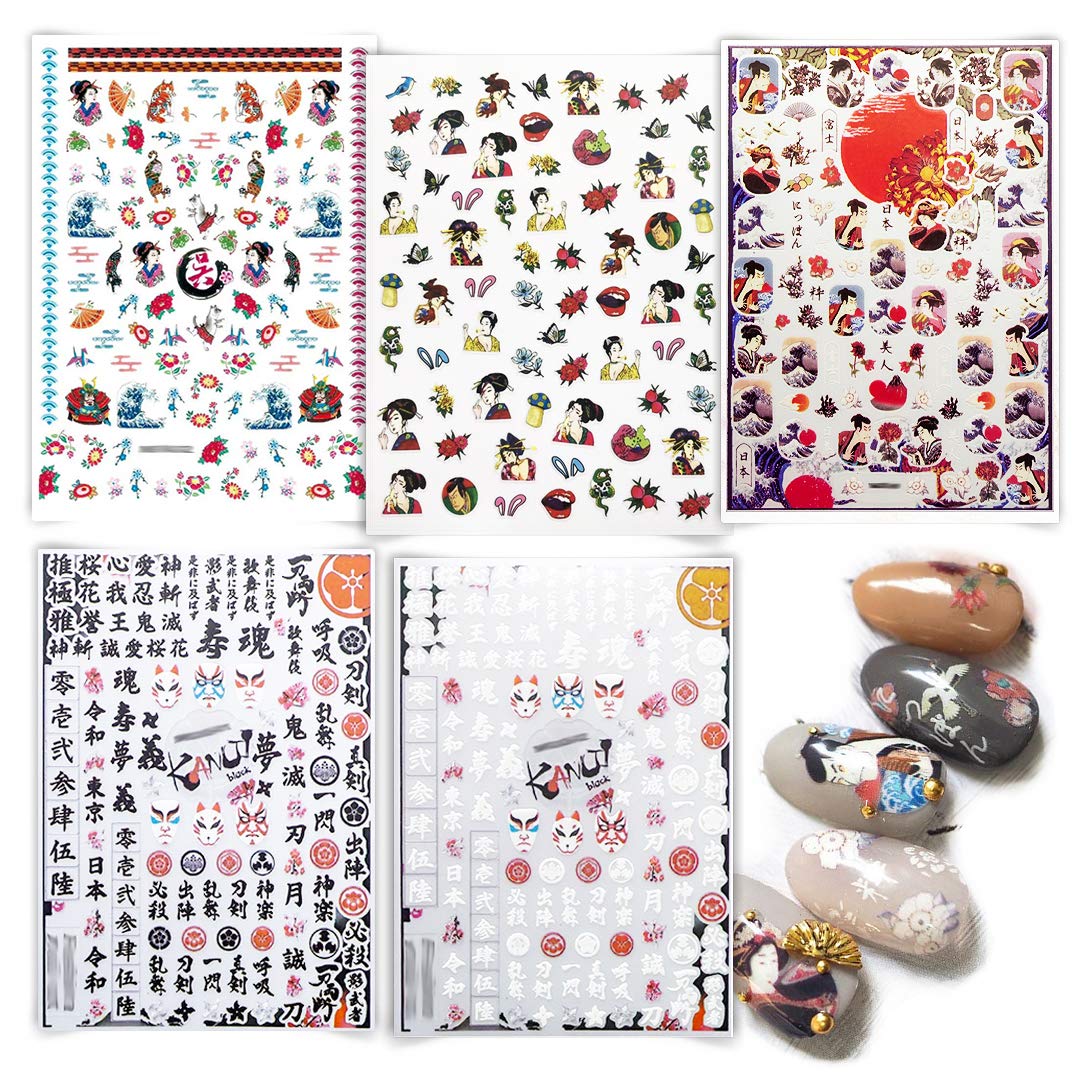 Miss ForeverBellecry Craft 5 Sheets Japenese Nail Art Stickers Adhesive Nail Decal of Ancient Japan Decorations Hand Painted Nail Foils Ninja Comic