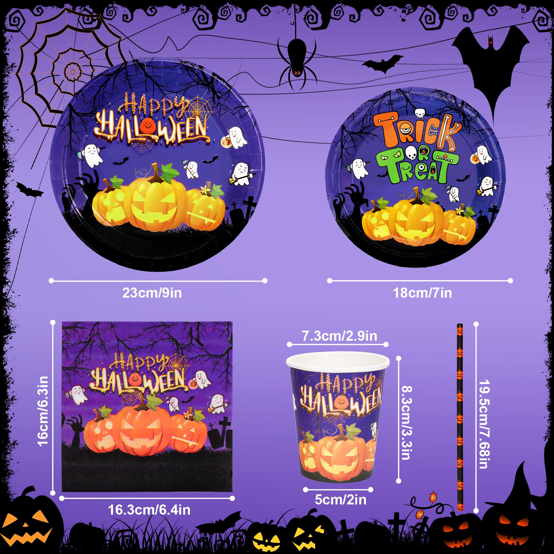 Halloween Tableware Set for 10 People, 50Pcs Decoration Paper Dinnerware With Reusable Plates, Napkins, Cups - Image 2