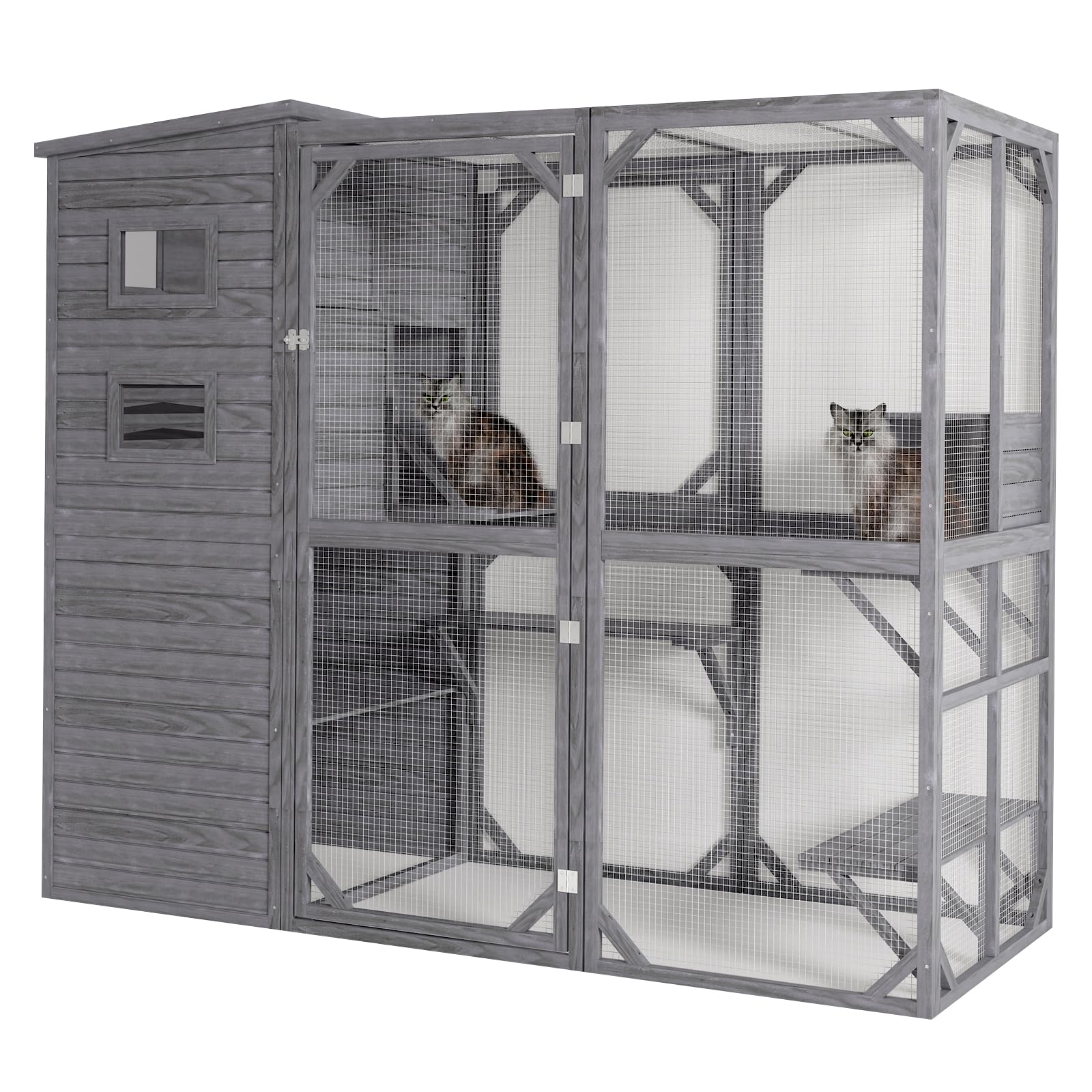 Mxsunh Large Catio Outdoor Cat Enclosure,Weatherproof Outdoor Cat House for Mulitiple Cats Play with 4 Platforms,5 Windows,Sunshine Roof,for Patio,77" L x 33.5" W x 70" H(Grey)