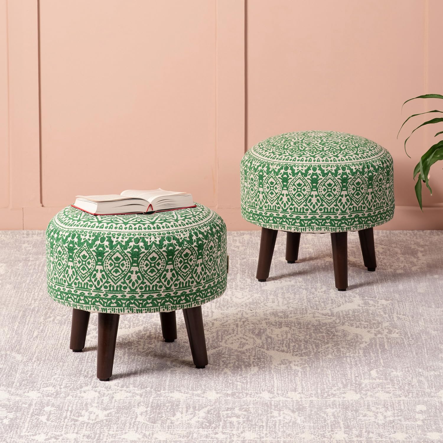 nestroots Set of 2 Wooden Ottoman Stools for Living Room | Printed Pouffes for Sitting, Footrest with 4 Wooden Legs | 14 Inch Height, Green | Stylish & Comfortable Furniture for Home Dcor
