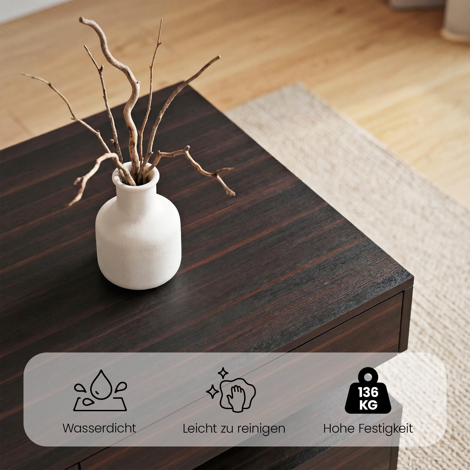 Manora Wohnzimmertisch Schwarz mit LED und Schubladen,Couchtisch Modern mit Stauraum,Rechteckiger Sofatisch,Tisch Wohnzimmer,Bräunlich-schwarz