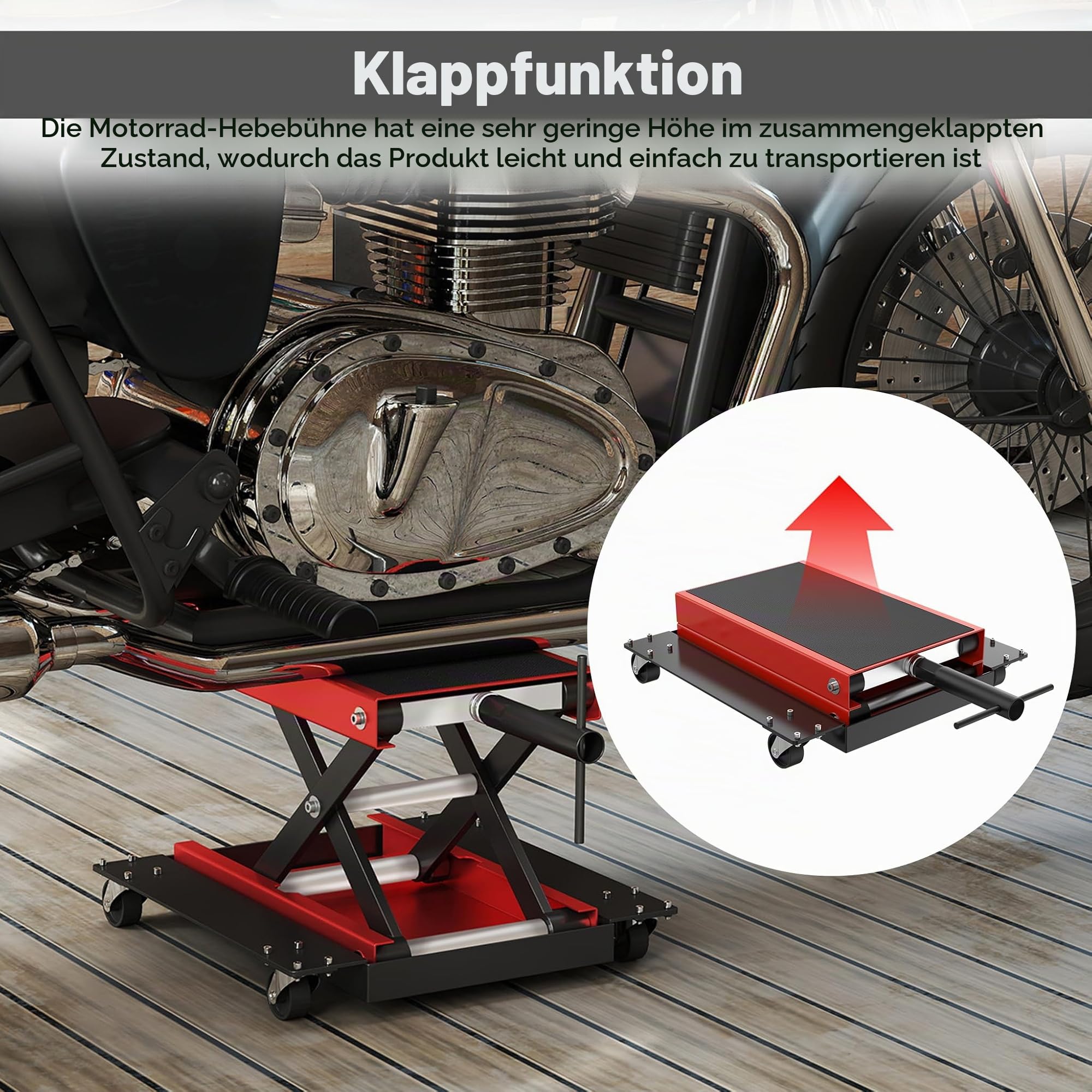 UISEBRT Rangierhilfe Motorradheber mit Rollen, höhenverstellbar bis 500 kg, Motorradhebebühne für Reparaturen von Motorrädern, ATVs & Quads, Einsatz in Garage
