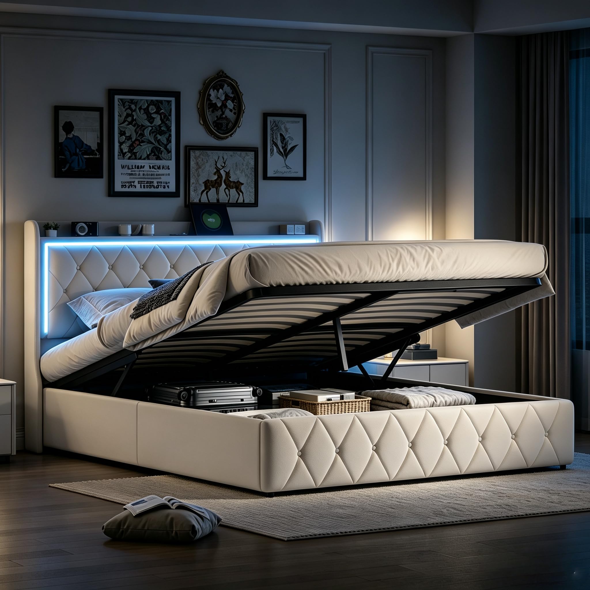 DADEA Cama Matrimonio 140x200 con LED y USB, Camas Matrimoniales con Canapé, Cama Doble Matrimonio Moderna con CabeceroCama Tapizada 140x200 con Almacenaje Camas Adultos con Somier, Sin colchón