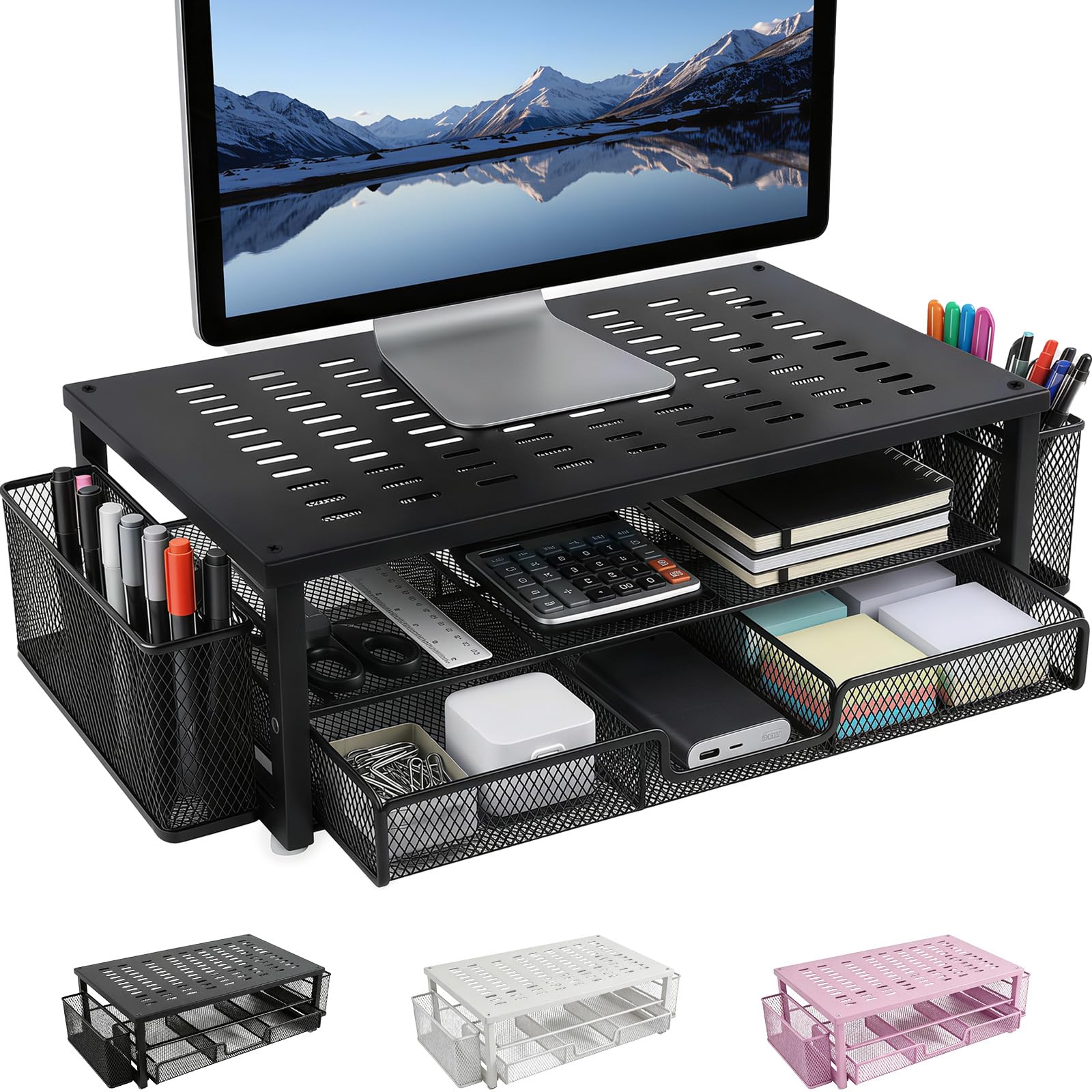 Nbbeng Black Monitor Stand Metal, Office Desk Monitor Riser Stand With Drawer, Computer Stands Desk Accessories And 2 Pen Holder, For Printer, Notebook ( )
